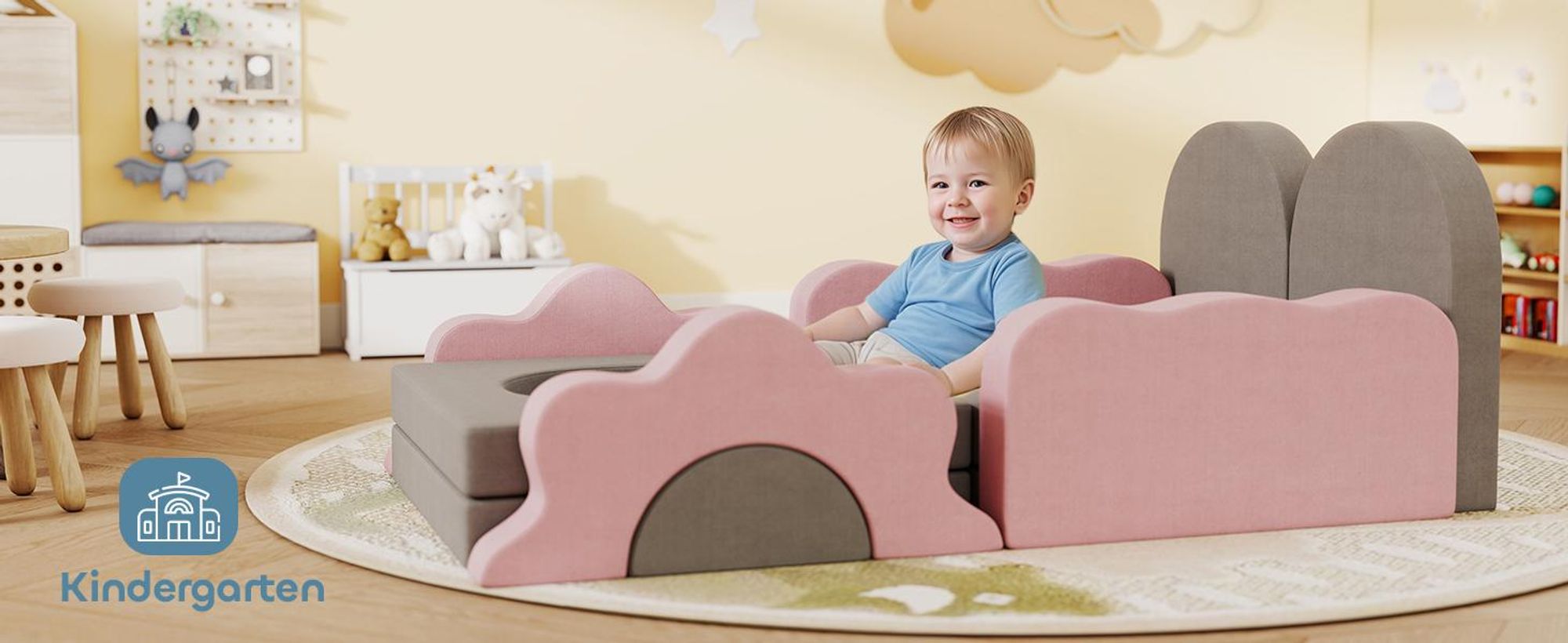 Sofa do zabawy AIYAPLAY, sofa dziecięca wykonana z piankowych klocków konstrukcyjnych 12 elementów, miękkie klocki do wspinaczki z basenem z piłeczkami, zestaw klocków, duże klocki, piankowe klocki do wspinaczki dla dzieci w kolorze sztruksowym, szare