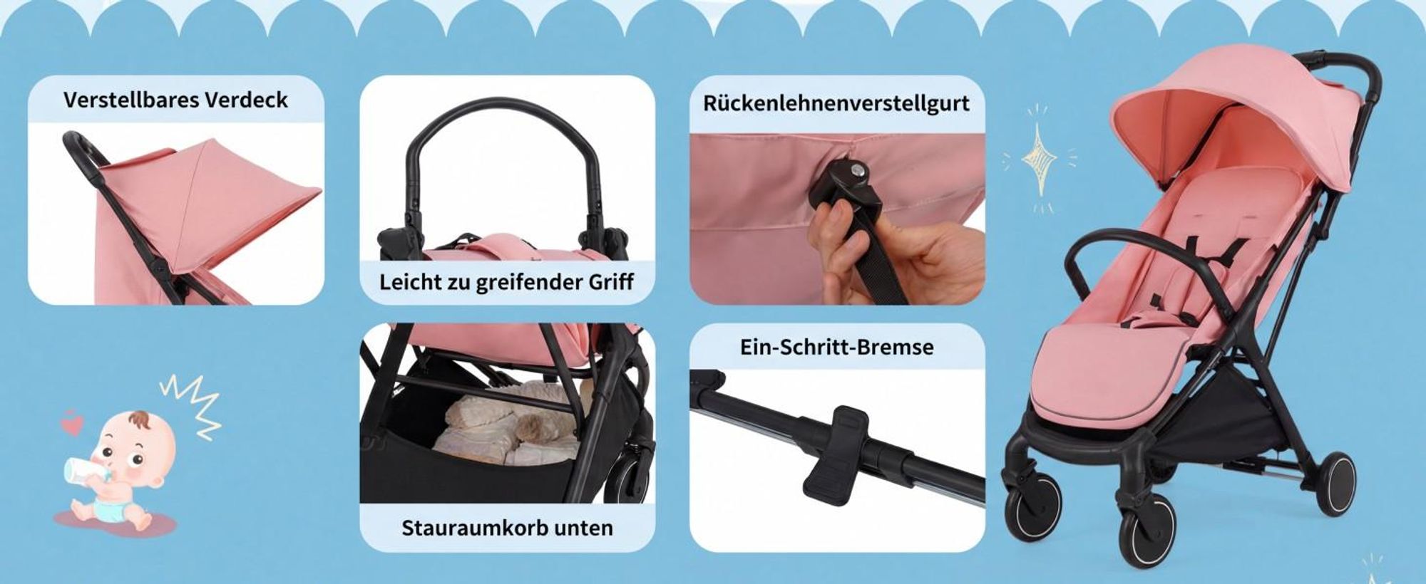 COSTWAY Kinderwagen, Reisebuggy mit Liegefunktion, Kinderbuggy mit Rückenlehne, Verdeck & Fußstütze, Babywagen mit Sicherheitsgurt bis 15 kg, Rosa