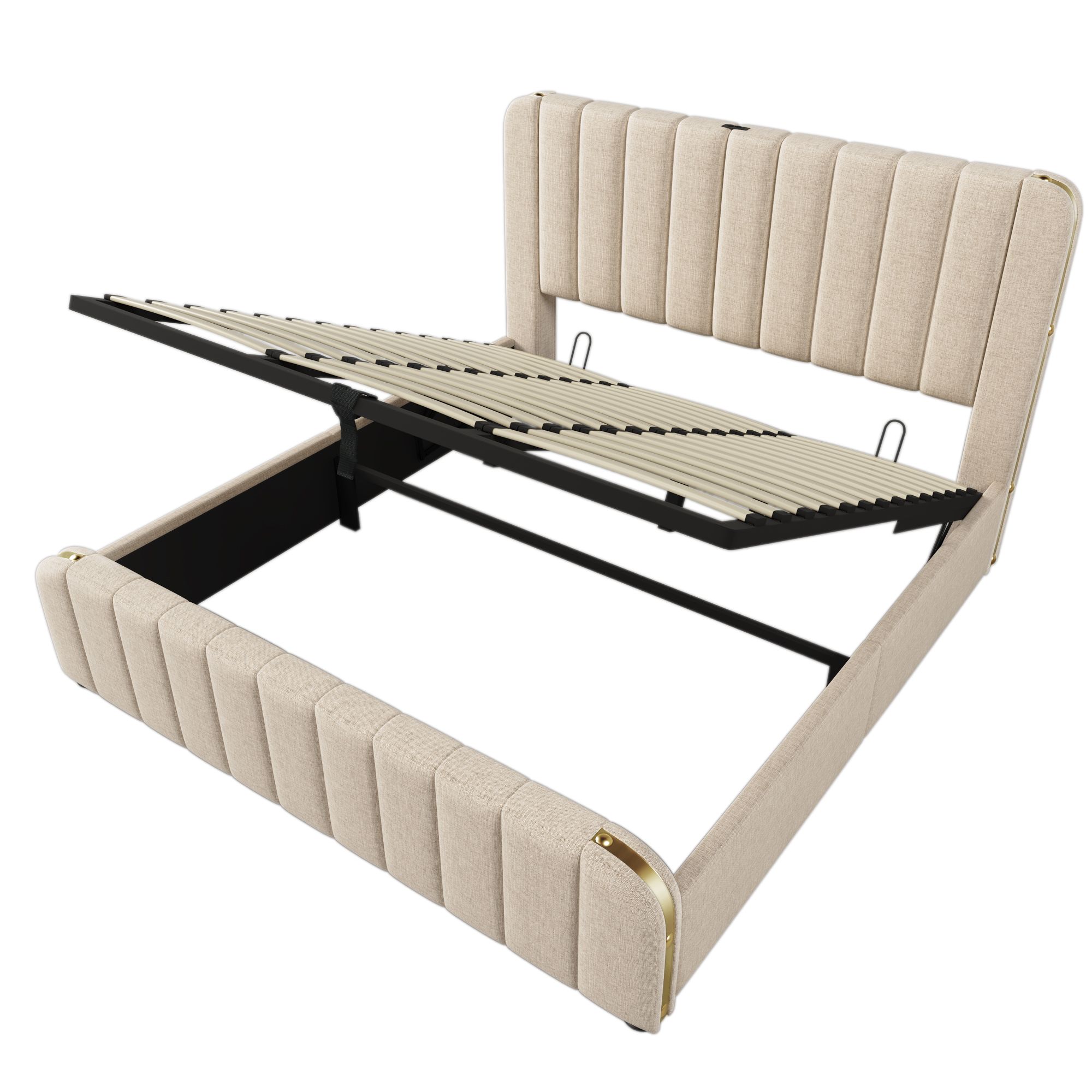Flieks Polsterbett 180x200cm mit Ladefunktion (USB, Typ-C), Doppelbett Stauraumbett mit Lattenrost, Hydraulisches Jugendbett Boxspringbett, Leinen