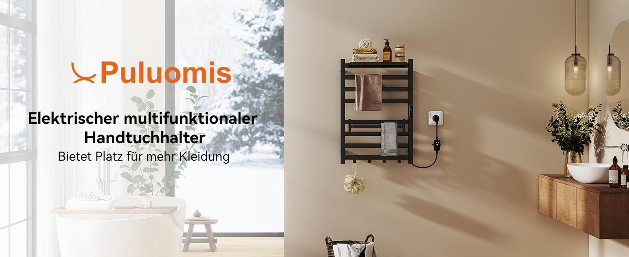 Puluomis Heizkörper Elektrischer Handtuchwärmer mit LED-Touchdisplay, 45-70°C einstellbar, Timer, 90° drehbares Ablagefach, RCCB Schutz schwarz
