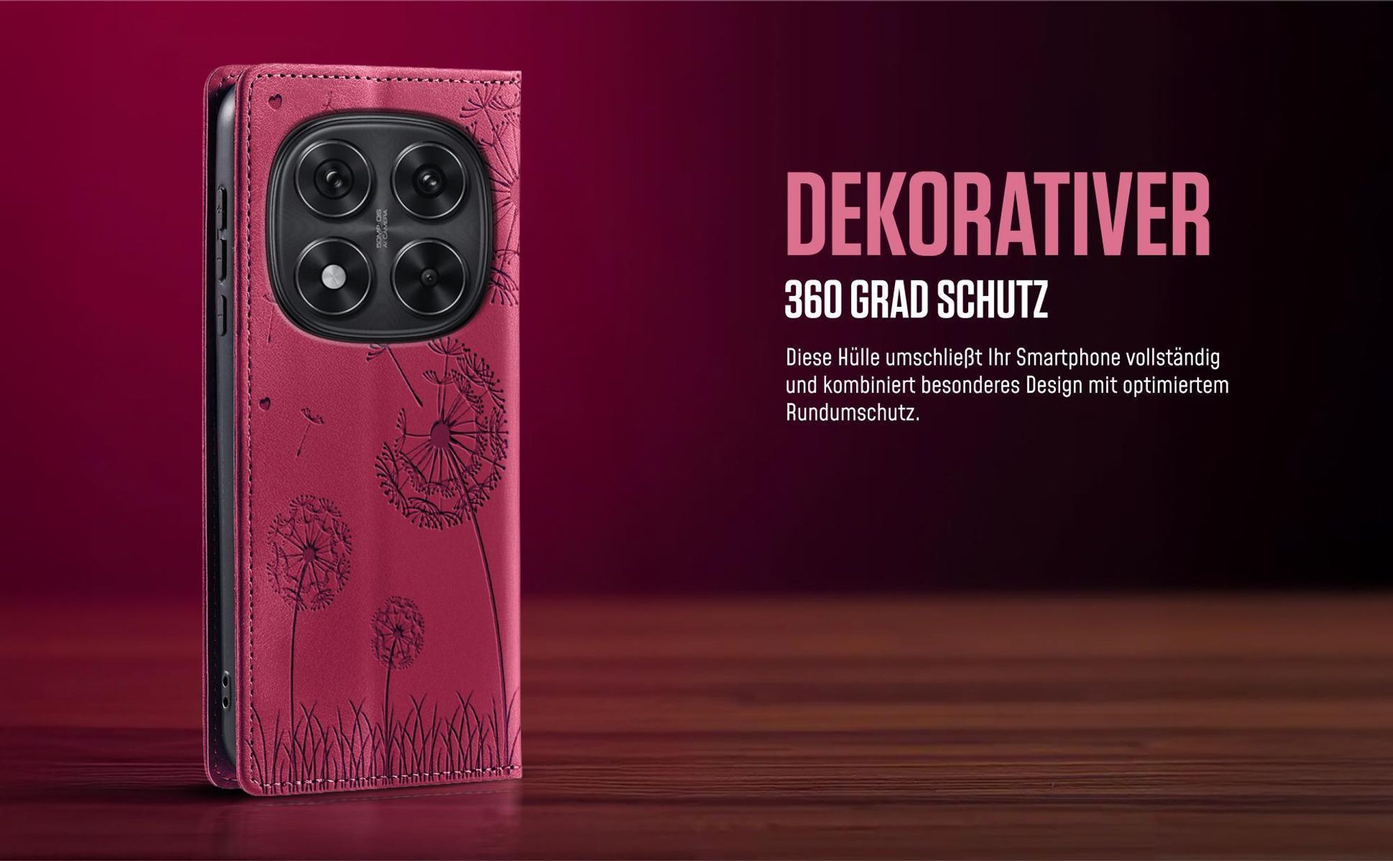 Blume Pusteblume Flipcase in Magenta für Xiaomi Redmi Note 15 Pro mit 360 Grad Schutz