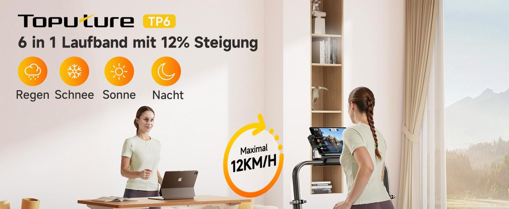 Toputure TP6 Laufband für Zuhause mit 12% Steigung, 12km/h Klappbar Laufband mit 1150MM Einziehbares Steigrohr, 6 in 1 Walking Pad, 95°/105° Drehbarer
