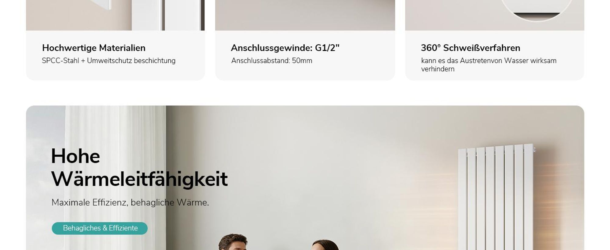 EMKE Heizkörper Vertikal Design Paneelheizkörper 1800x460mm Weiß Einlagig flach Mittelanschluss Heizung, 839W ohne Heizstab