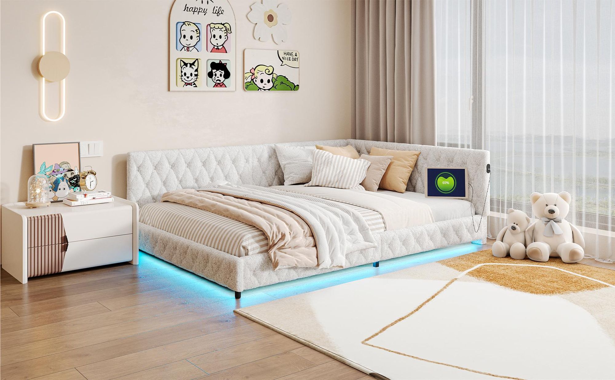 INONEFT  Polsterbett 140x200cm mit LED- und USB-Schnittstelle,Schlafsofa Tagesbett mit lattenrost ,doppelbett jugendbett,Teddyfleece,Beige.