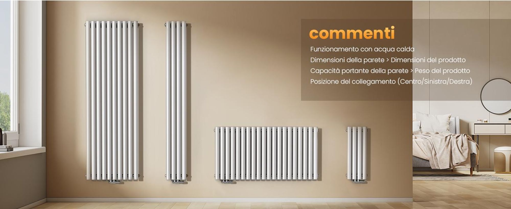 Radiatore tubolare di design EMKE per il funzionamento ad acqua calda con attacco centrale verticale ovale monostrato 427 watt 24cm x 160cm bianco senza elemento riscaldante