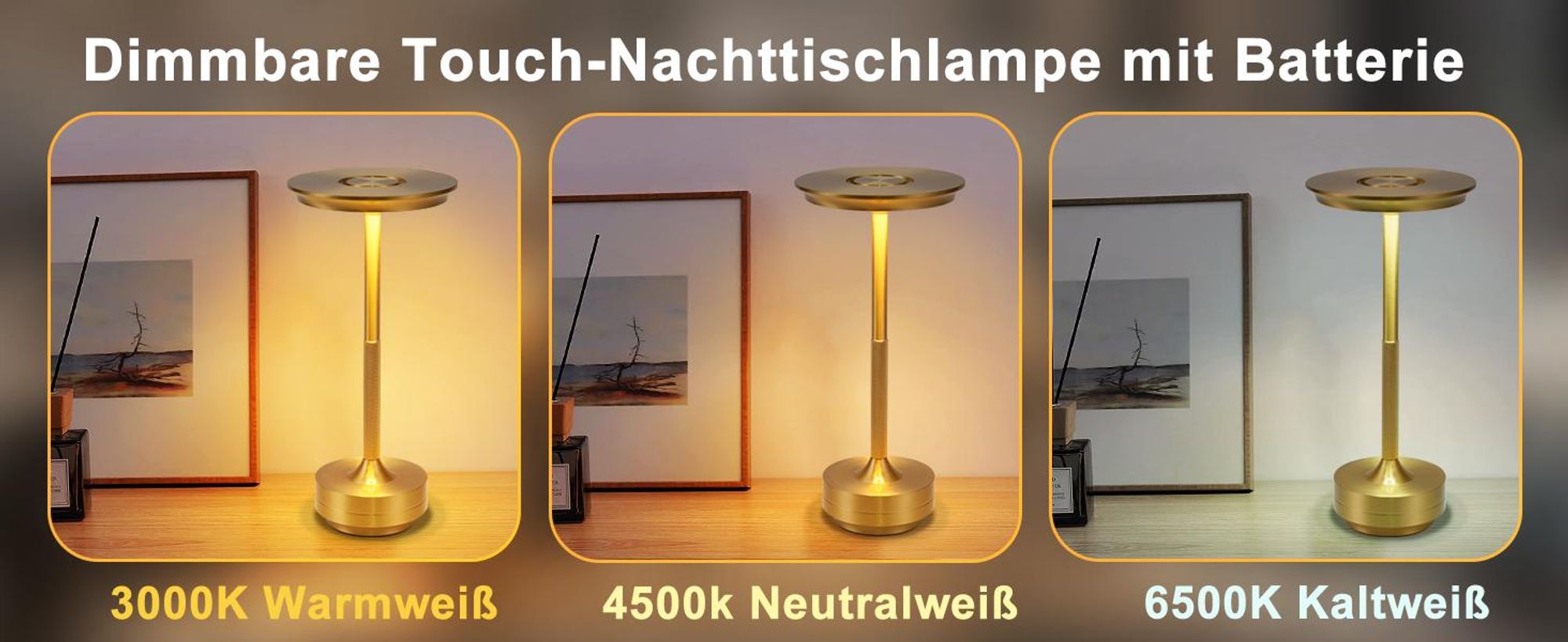 ZMH Nachttischlampe Kabellos Tischlampe Akku - LED Tischleuchte Touch Dimmbar Lampe 2er Set mit USB Aufladbar Batterie Tischlampen Gold für Modern Fensterbank Wohnzimmer Kinderzimmer Schlafzimmer