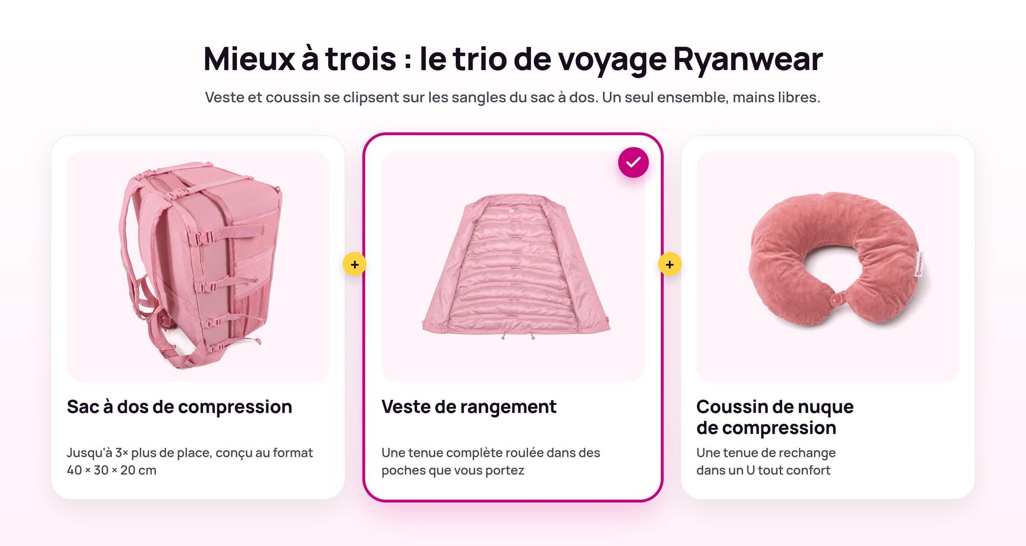 Sac à dos de compression Ryanwear avec Veste de rangement et Coussin de nuque clipsés dessus