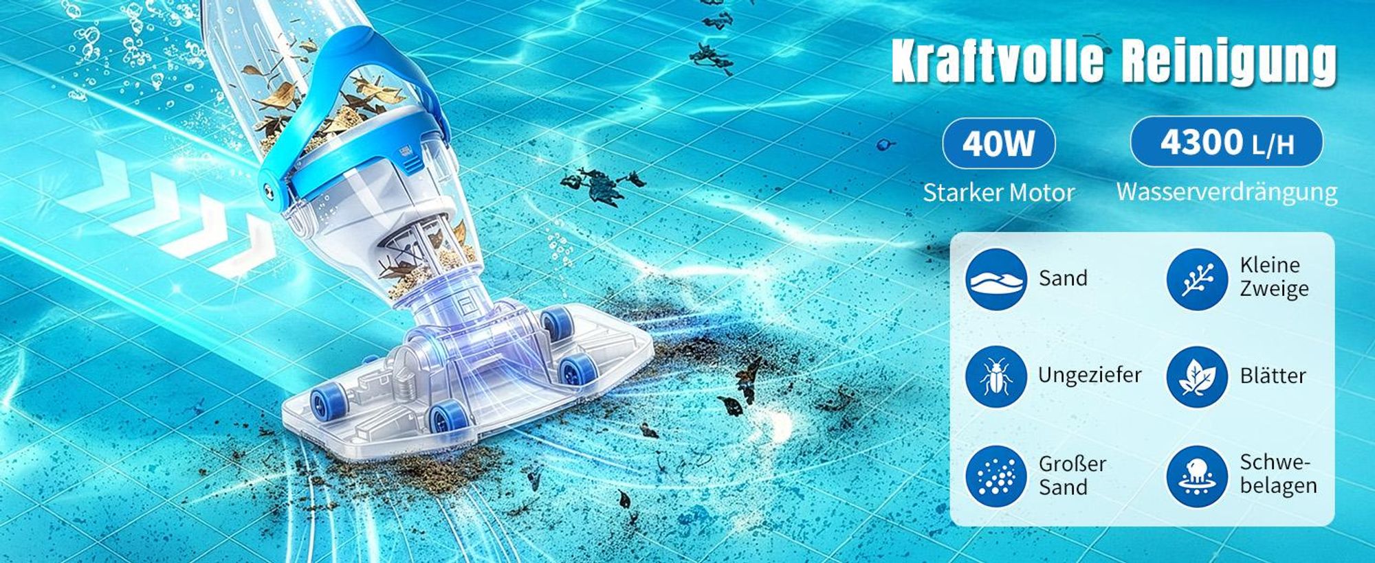 FCH Poolsauger, kabelloser 40W-Poolsauger mit starker Saugkraft und ausziehbarem Stiel