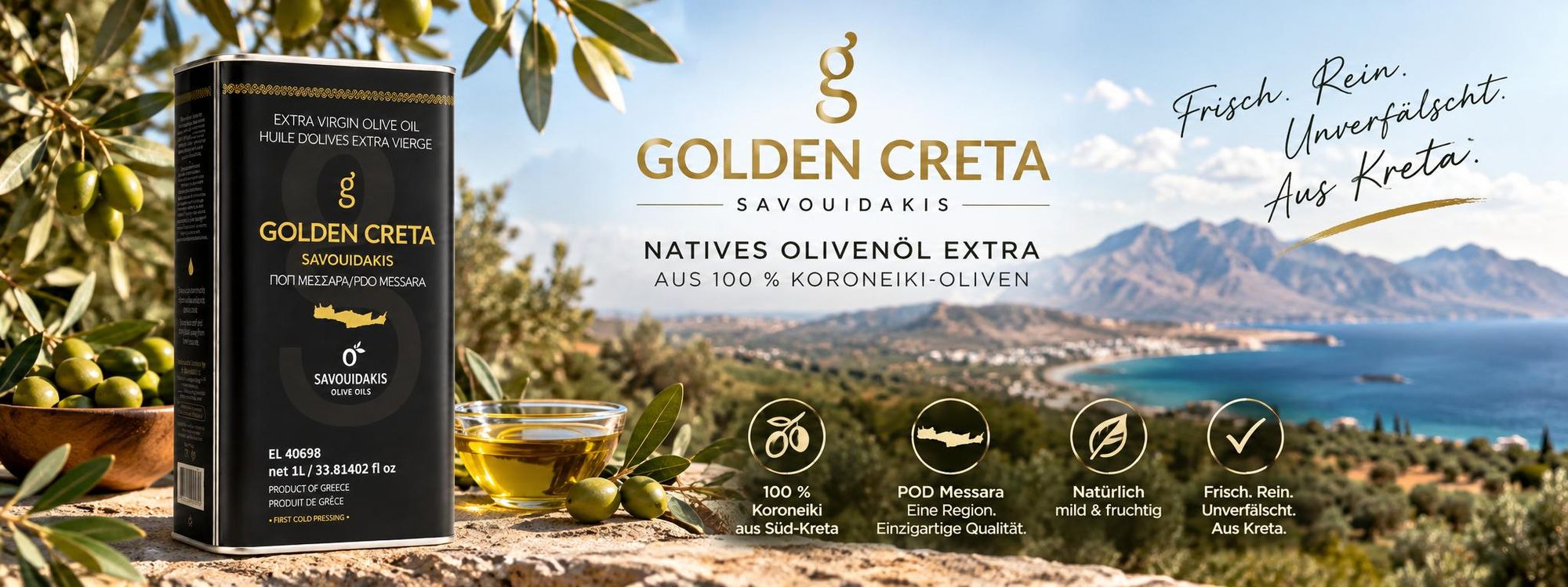 Golden Creta Olivenöl 1L – Natives Olivenöl Extra aus Kreta – 100 % Koroneiki – PDO Messara