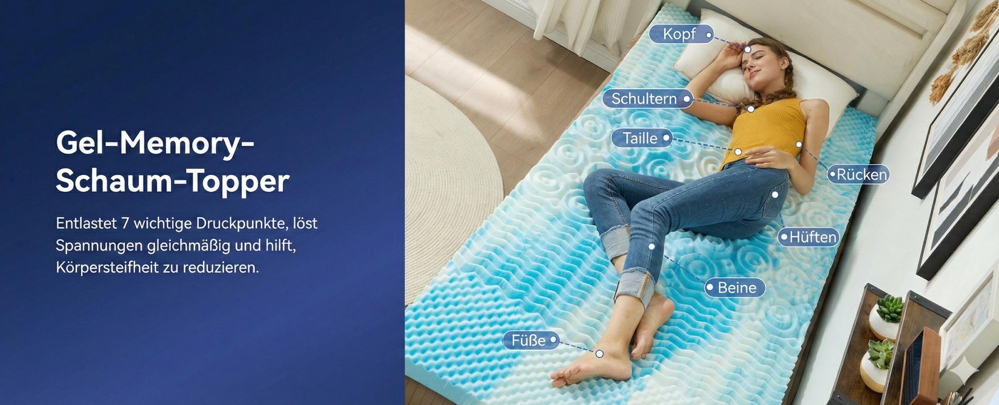 NicePlus Topper, 90x200x7cm, 5-Zonen Gel-Schaum - Für erholsamen Schlaf, 360° Mesh für alle Matratzen, H2/H3