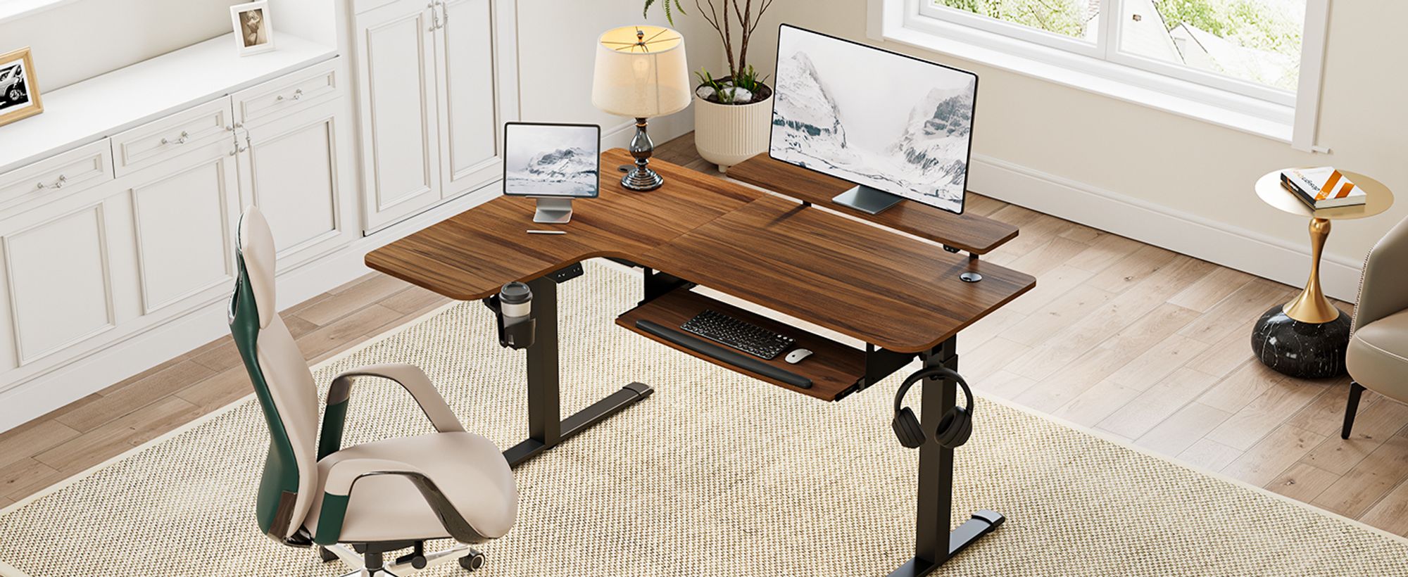 EUREKA ERGONOMIC Höhenverstellbarer Computertisch Elektrisch Schreibtisch 155x110cm Gaming Tisch mit Tastaturablage und Monitorständer