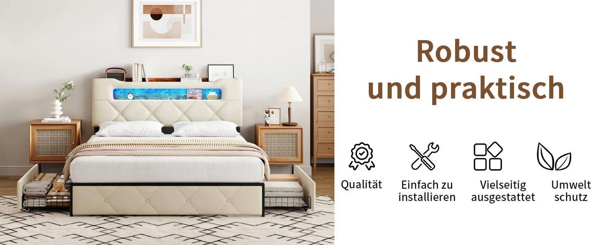 Bett 160 x 200 cm mit LED & USB, gepolstertes Doppelbett mit 4 Schubladen, gepolstertes Bett mit großem Stauraum, bettgestell ,jugendbett ,Beige