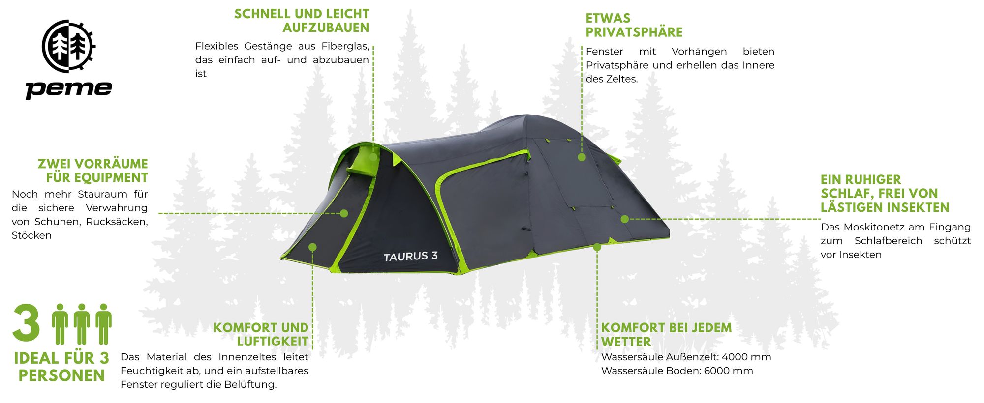 PEME Taurus 3 Personen Zelt Campingzelt - Tunnelzelt Wasserdicht 4000 mm Großes Vorzelt Igluzelt Trekkingzelt Festivalzelt Moskitonetz Outdoor