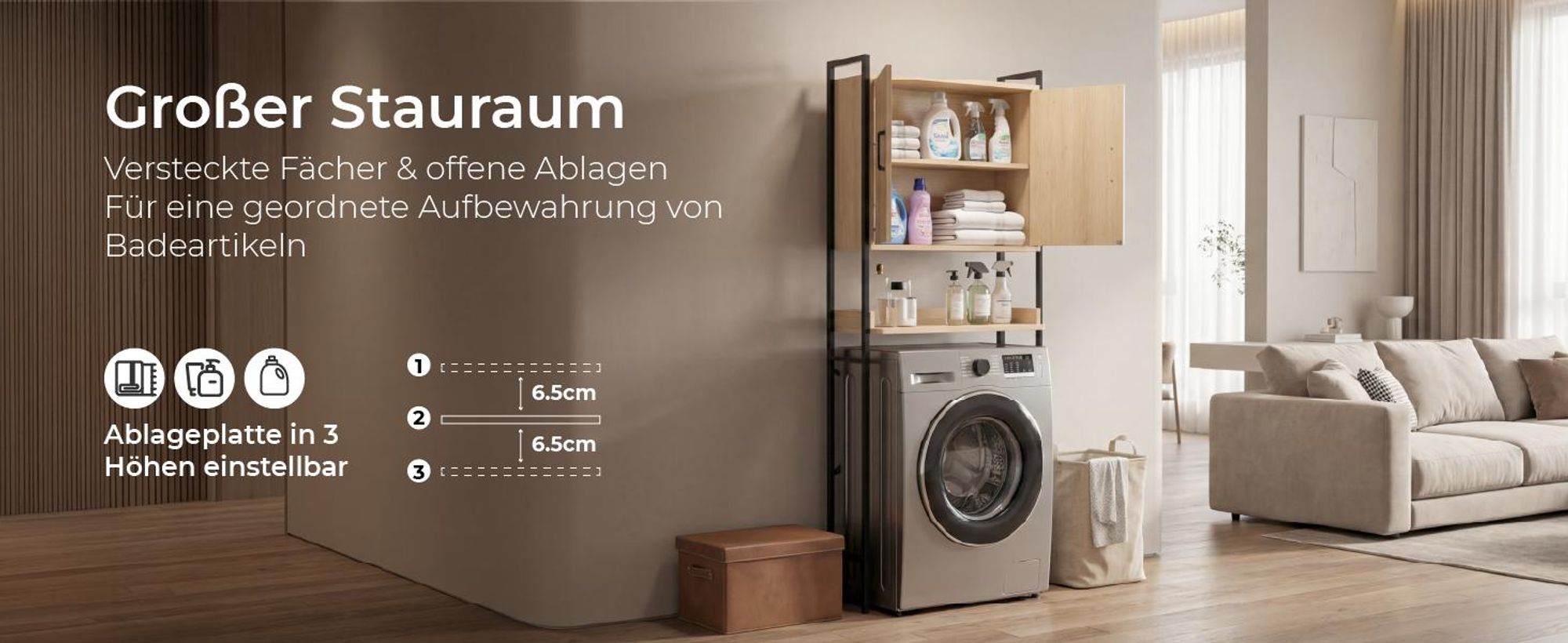 FCH Waschmaschinenschrank, Toilettenregal mit Schrank Verstellbarer Ablage, Toilettenschrank aus Holzwerkstoff Metall, 64,5 x 30 x 171 cm