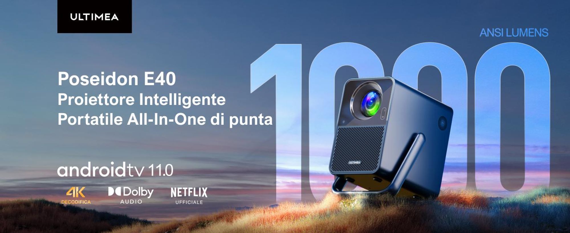 Proiettore ULTIMEA Android TV 11.0 con NETFLIX, supporto per proiettore home cinema 4K 1000 ANSI lumen, Dolby Audio, design con maniglia per il trasporto, serie Poseidon E40 Smart