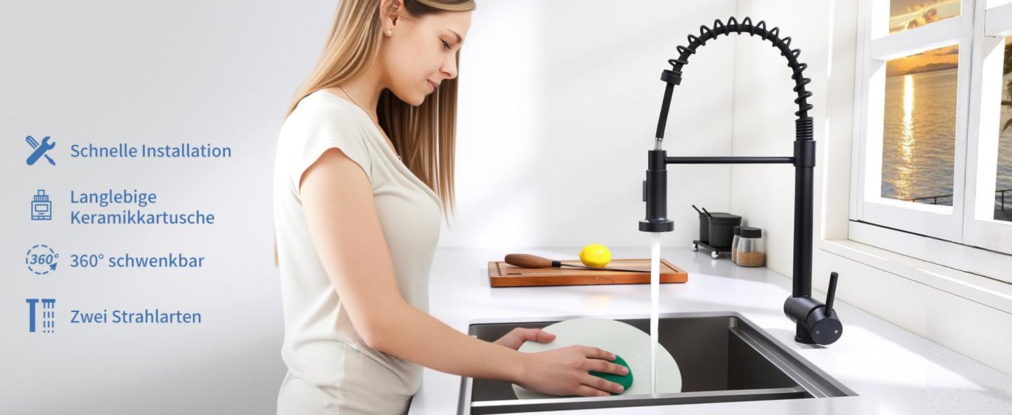 Homelody Vorfenster Küchenarmatur Klappbar, 90° Faltbar 360° Drehbare Hochdruck Edelstahl Wasserhahn Küche mit Brause Ausziehbar 2 Strahlarten Schwarz