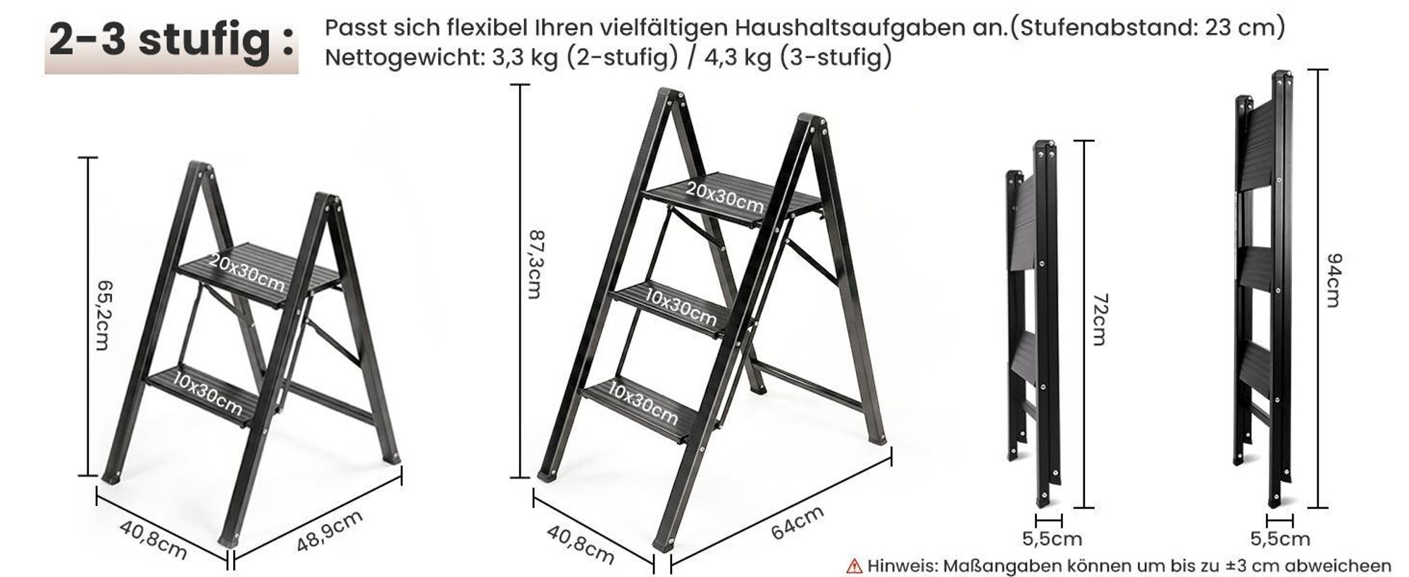Sekey Aluminium Trittleiter 2 Stufen Klappbar Klappleiter mit breitem Anti-Rutsch-Stufen, Tragbarer Stufenleiter, bis 150 kg