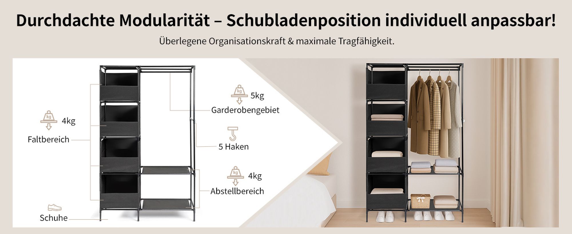 Stoffschrank Kleiderschrank, Kleiderstange und Ablagen，4-layer Doppelreihe, hochbeinig, 105*45*170cm，Schwarz