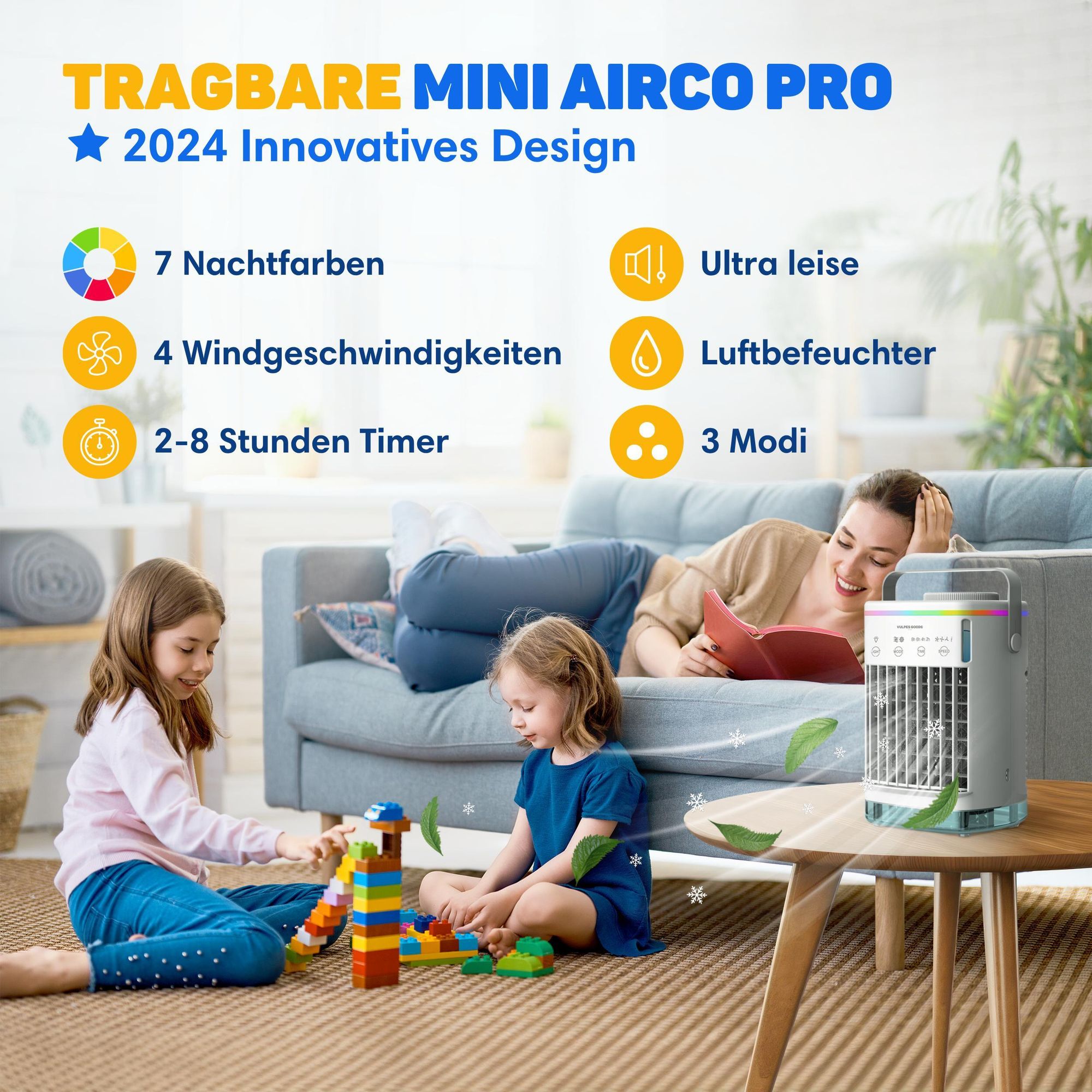 Vulpes Goods Mini-Klimaanlage, Mobile Klimaanlage, Luftkühler 4-in-1, 4 Windgeschwindigkeiten, 2 Luftbefeuchtungsmodi, Timer, Auslaufsicher