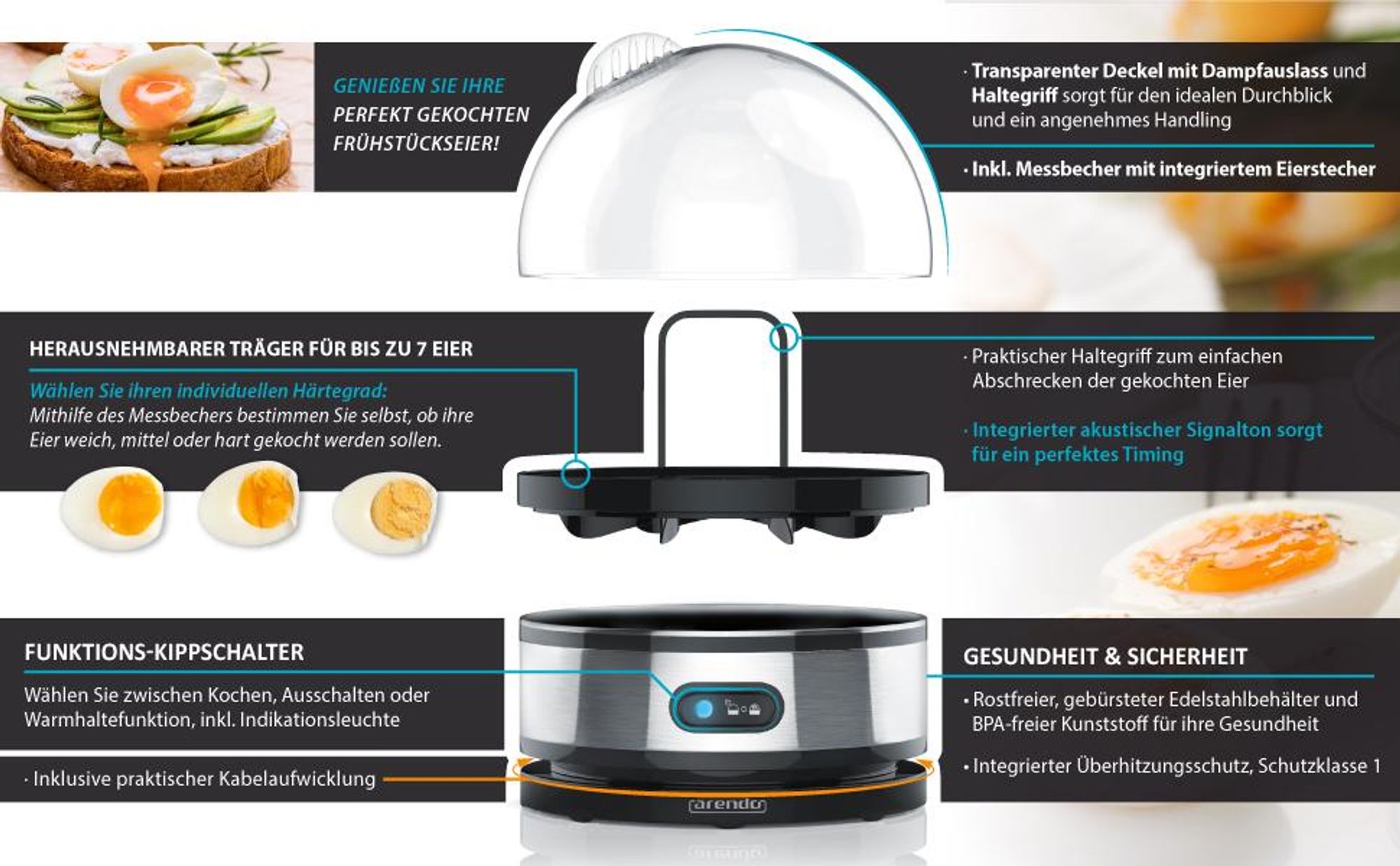 Arendo Eierkocher für 7 Eier, Egg Cooker mit Warmhaltefunktion, 3 Härtegrade über die Wassermenge, 400 W, Signalton, Kocheinsatz mit Tragegriff, Kabelaufwicklung, silberfarben