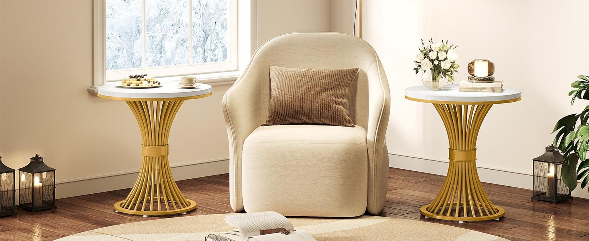 Beistelltisch, 50 cm moderner Couchtisch in Marmoroptik mit goldfarbenem Metallgestell, Nachttisch, Akzenttisch, Wohnzimmertisch
