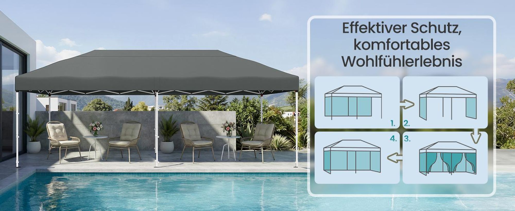 SONGMICS Faltzelt 6 x 3 m, mit Seitenwänden, stabil, tragbar, Pavillon für Garten, Hof, Party, Sonnenschutz, grau