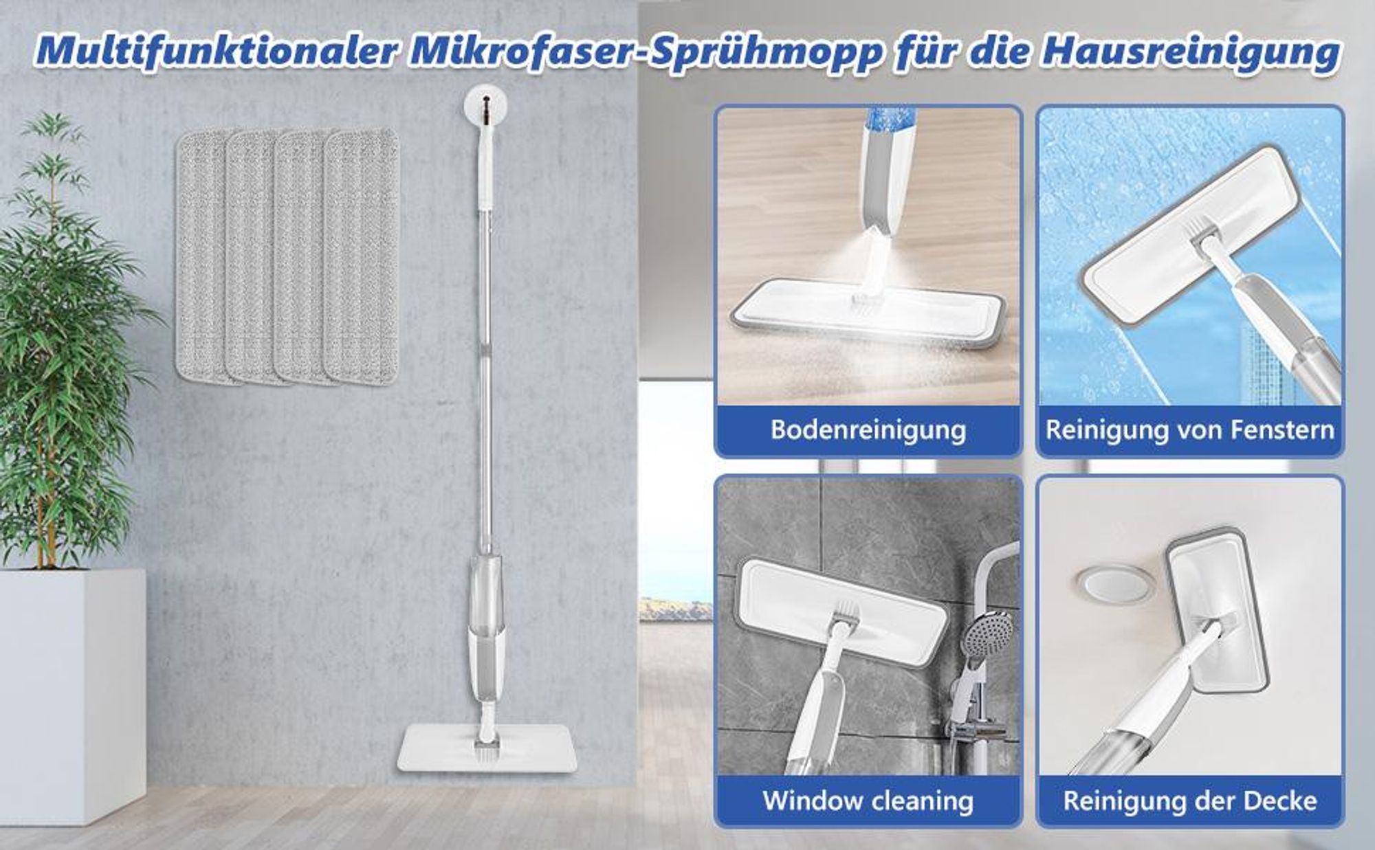 Sprühwischer Bodenwischer mit Sprühfunktion, Spray Mop inkl. 4 Mikrofaserpads, Wischmop für Laminat Fliesen Parkett, 300ml Wassertank, 360° Gelenk
