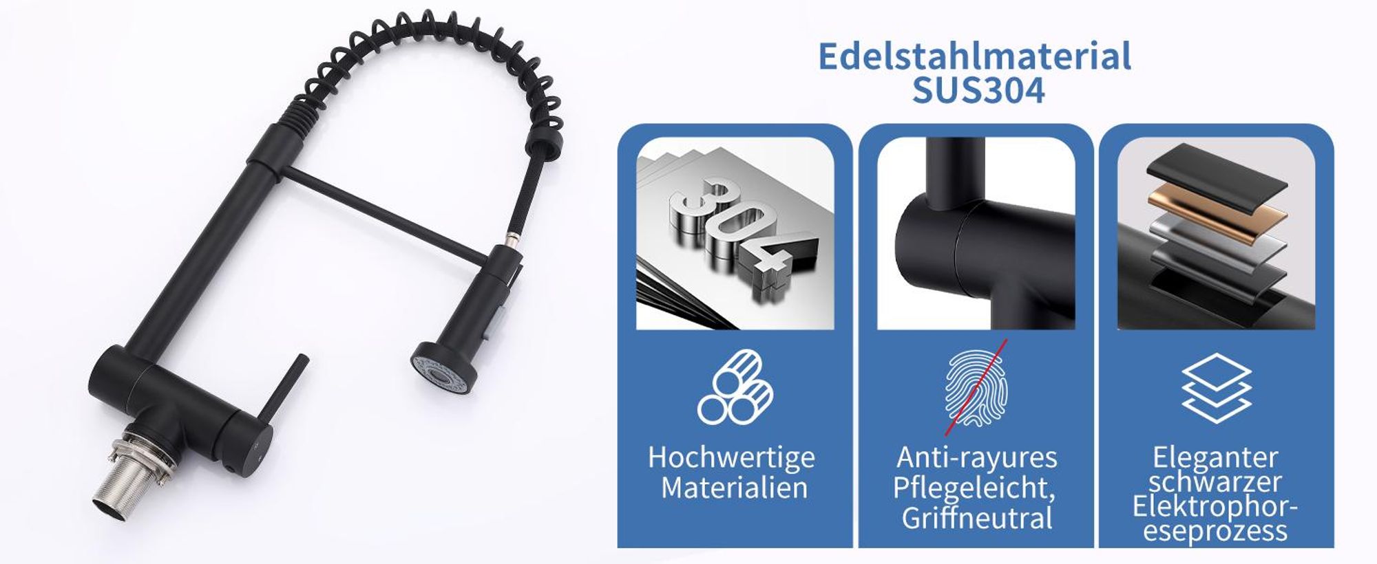 Homelody Vorfenster Küchenarmatur Klappbar, 90° Faltbar 360° Drehbare Hochdruck Edelstahl Wasserhahn Küche mit Brause Ausziehbar 2 Strahlarten Schwarz