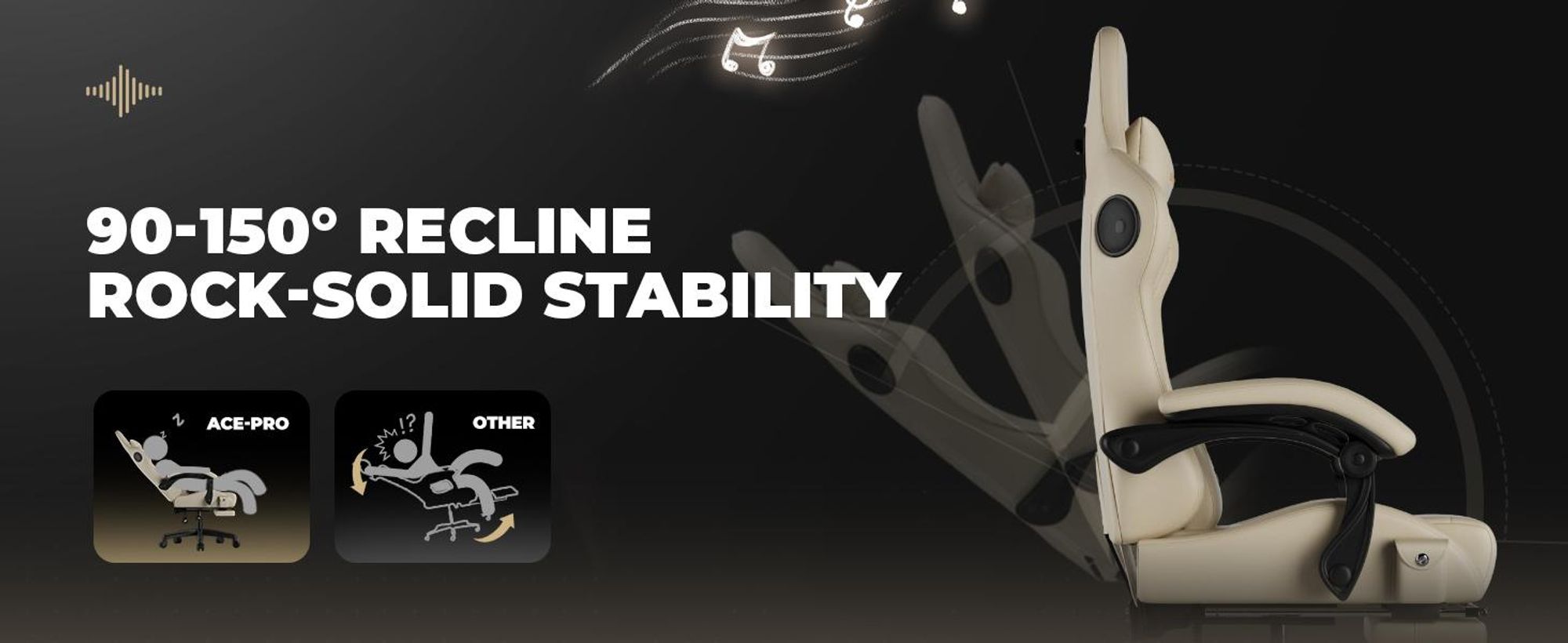 GTPLAYER Herní židle ACE PRO, ergonomická kancelářská židle s výklopnými područkami a podnožkou, Hi-Fi reproduktor, působivá zvuková atmosféra, slonová kost