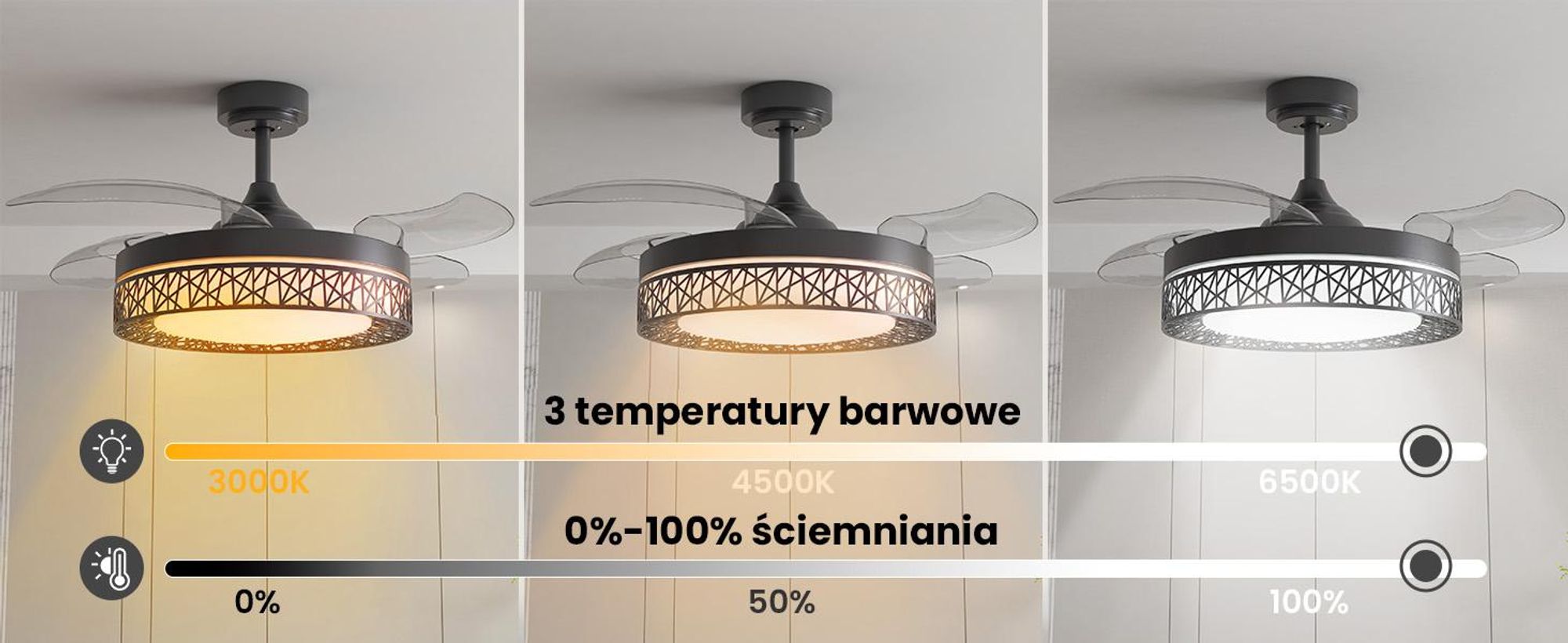 Wentylator sufitowy Heilmetz z oświetleniem, średnica 108 cm, z regulacją jasności, 6 prędkości, 3 barwy światła, z pilotem i timerem, czarny