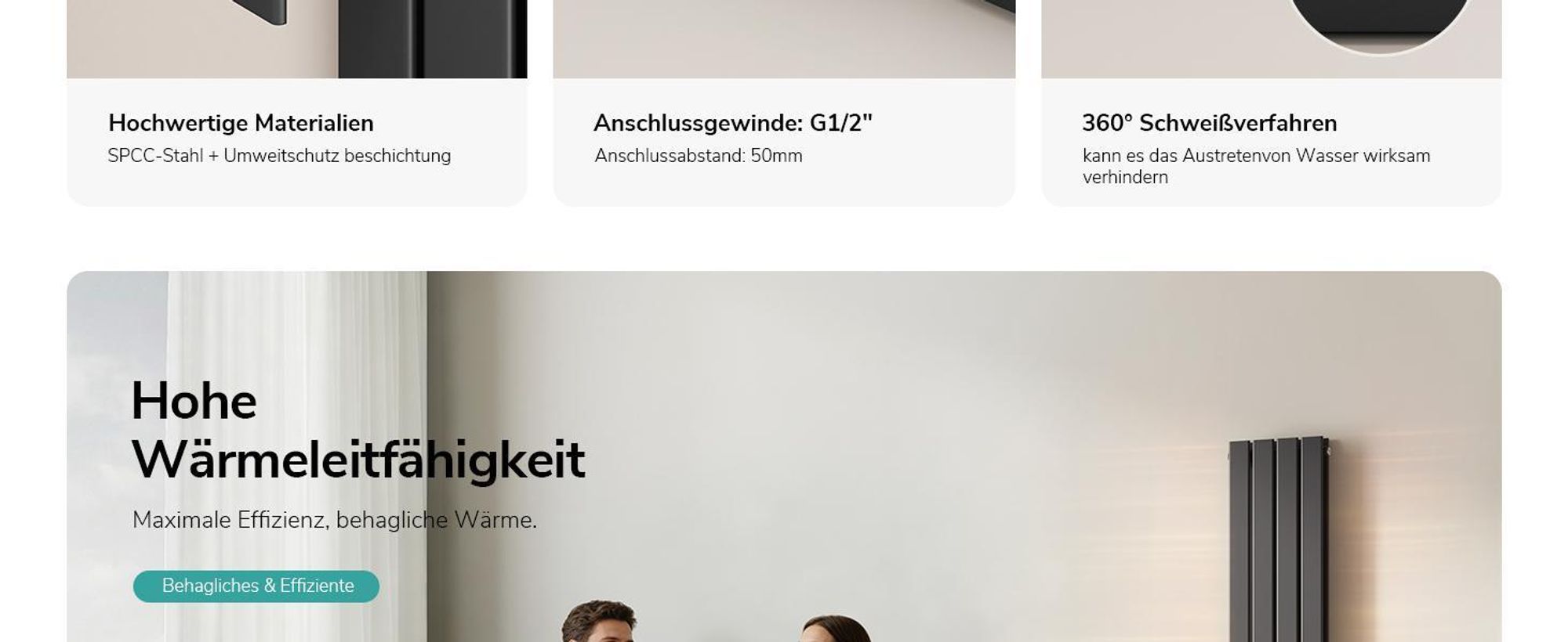 EMKE Heizkörper Flach Designheizkörper Paneelheizkörper Vertikal Doppellagig Mittelanschluss 180x30cm 1082W Schwarz ohne Heizstab