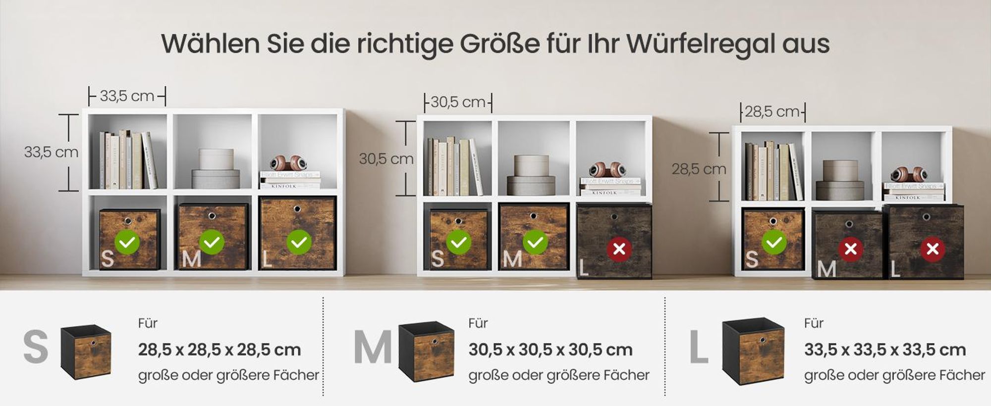 Aufbewahrungsbox, 6er Set, Ordnungsboxen, Vliesstoff, 30 x 30 x 30 cm, für Würfelregal, Organizer für Kleidung, vintagebraun-schwarz