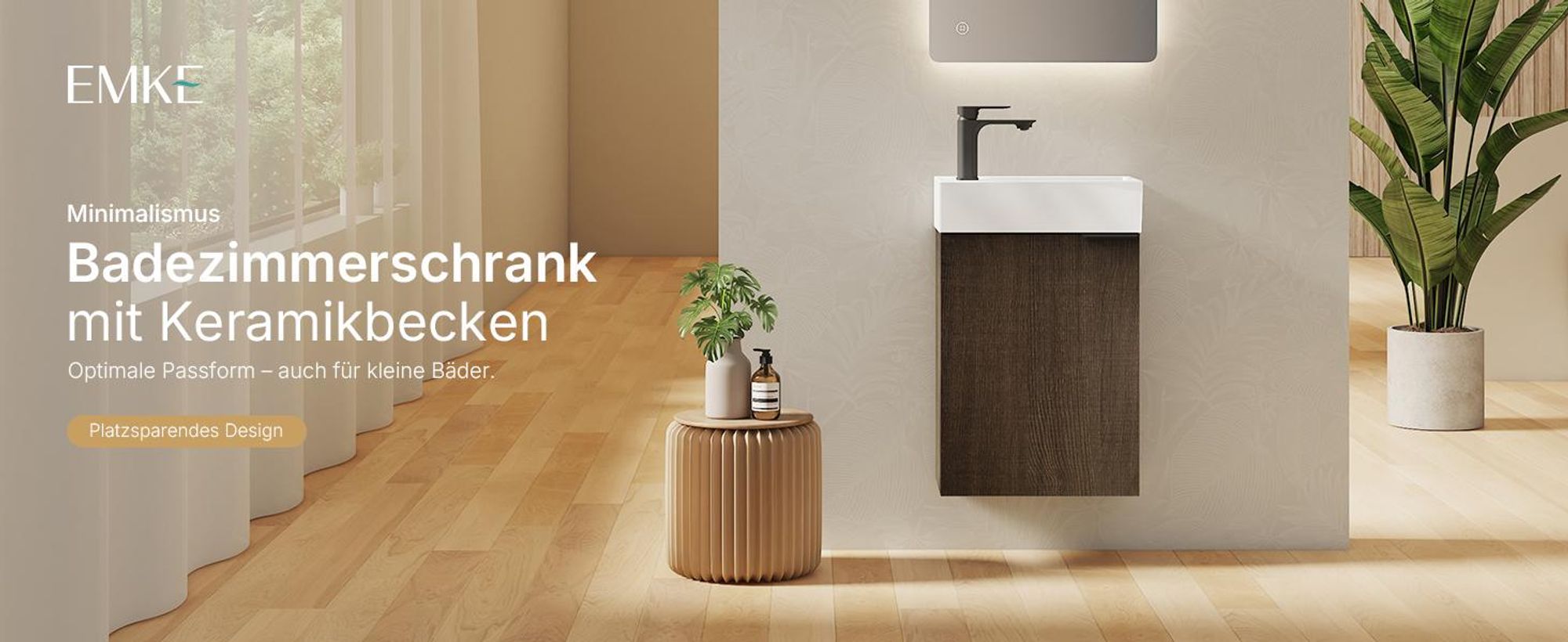 EMKE Waschbeckenunterschrank mit waschbecken 417×240×646 mm wandhängend, Badezimmerschrank, Waschtischunterschrank Soft-Close, Räuchereiche-Optik