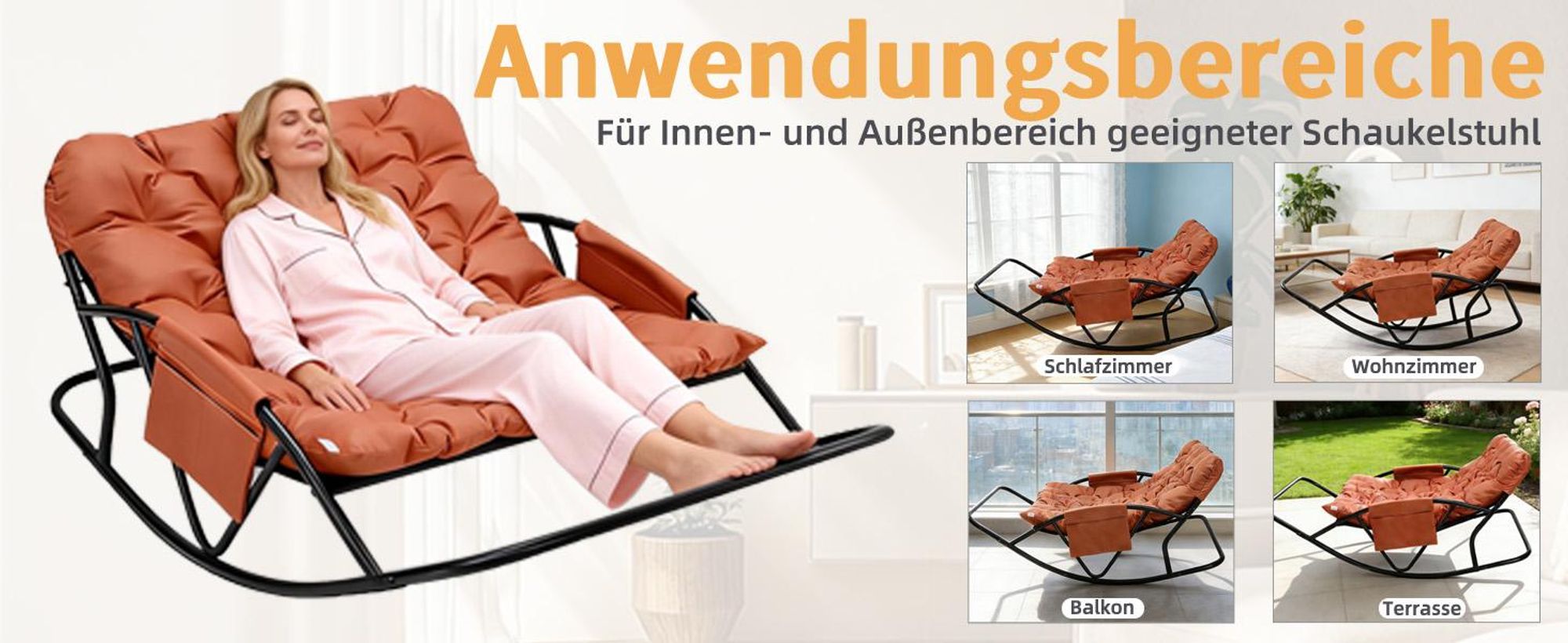 Outdoor-Papasan-Schaukelstuhl für zwei Personen mit Kissen und Fußhocker, für Schlafzimmer, Salon, Terrasse, Garten, Balkon, 240 kg, technischer Stoff