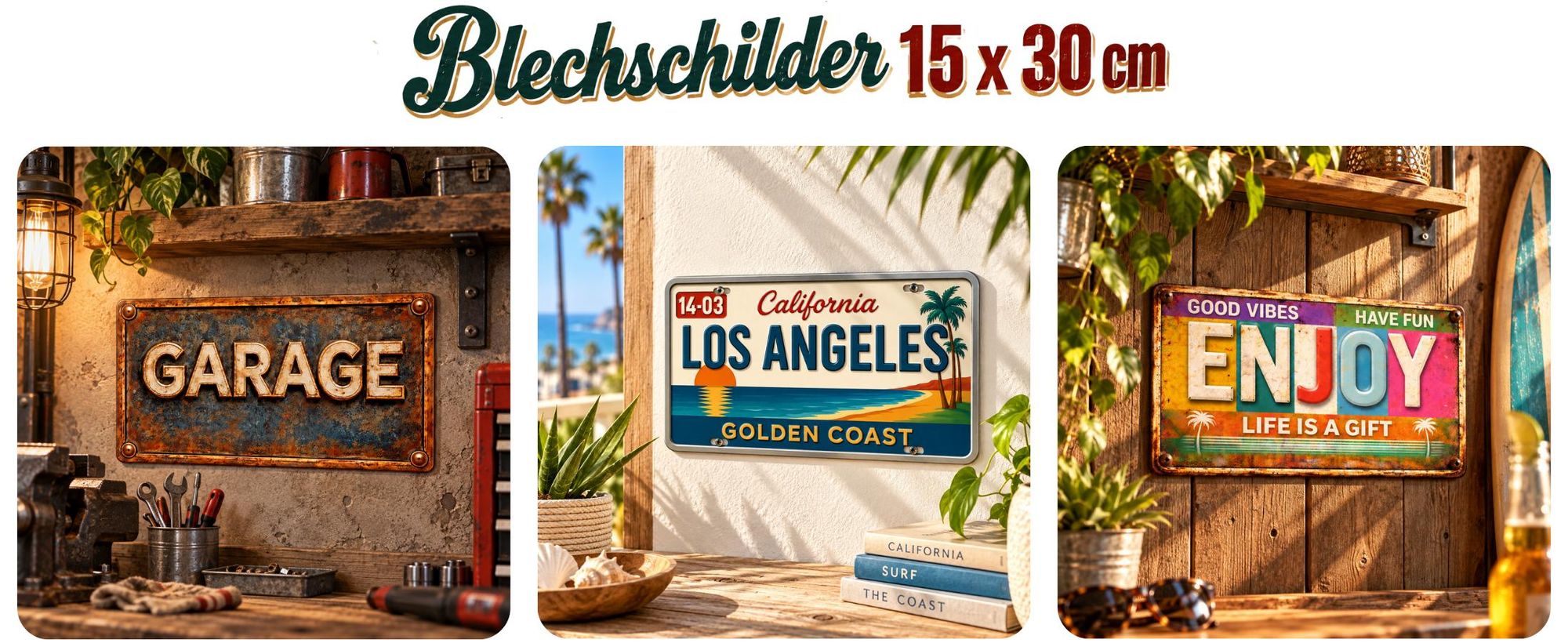 AstraDesign Blechschilder 15 × 30 cm mit Garage-, Los-Angeles- und ENJOY-Motiven im Retro-Stil.