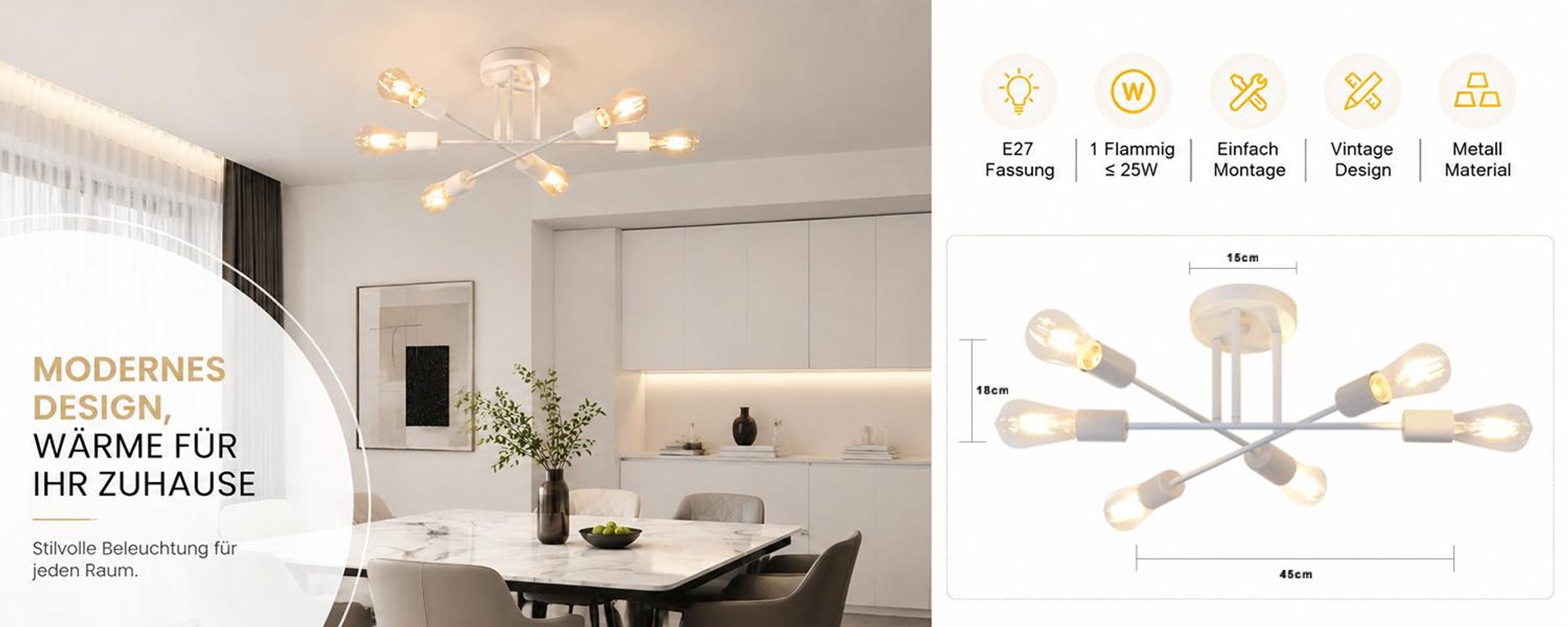 ZMH stropné svetlo biele 6 plameňov stropná lampa vintage obývacia izba lampa E27 luster spálňa lampa (bez žiarovky)l