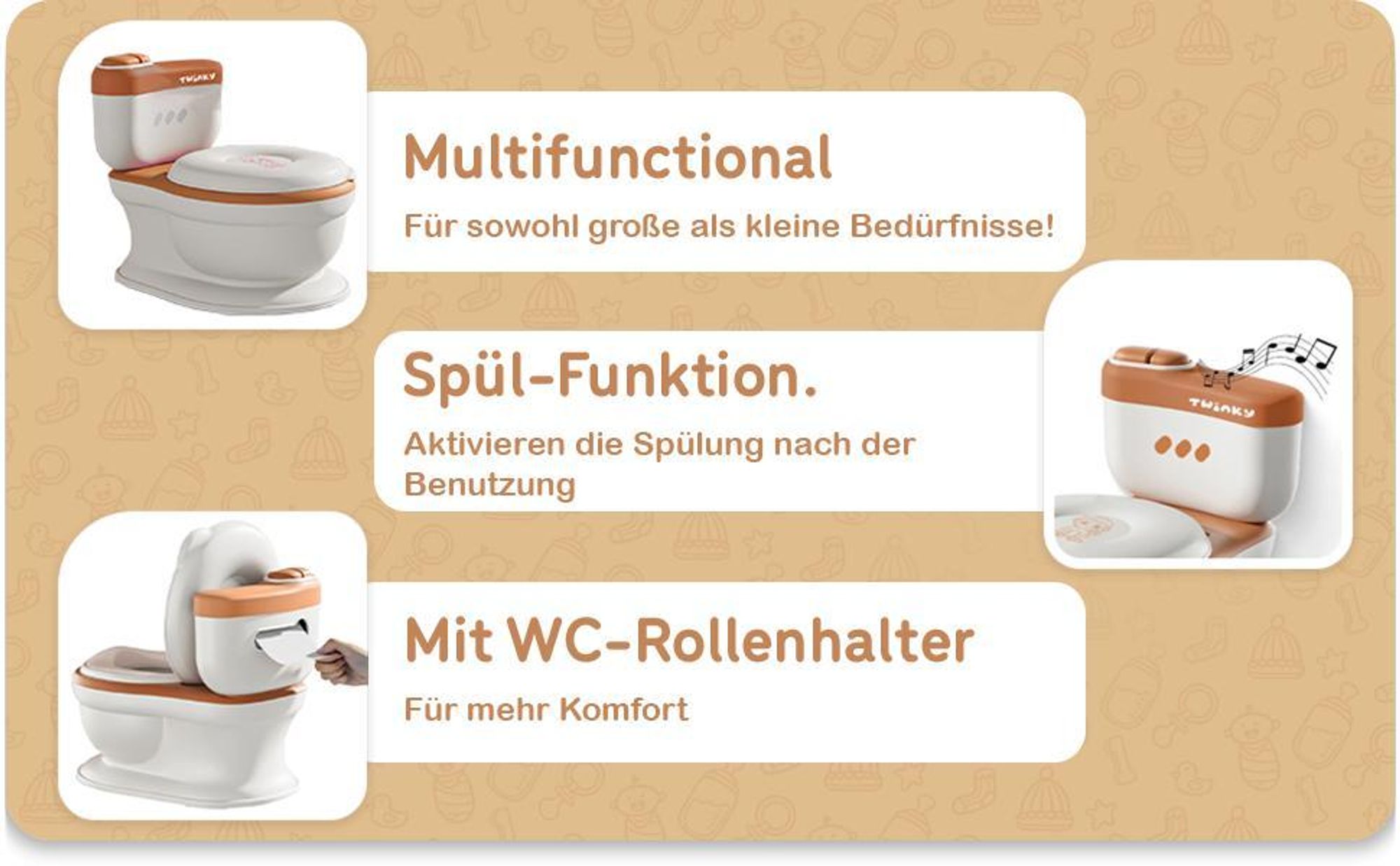 Twinky® Töpfchen für Kinder und Baby – 3-in-1 Toilettentrainer mit Musik- und Spültaste – Toilettensitz mit Deckel und WC-Rollenhalter