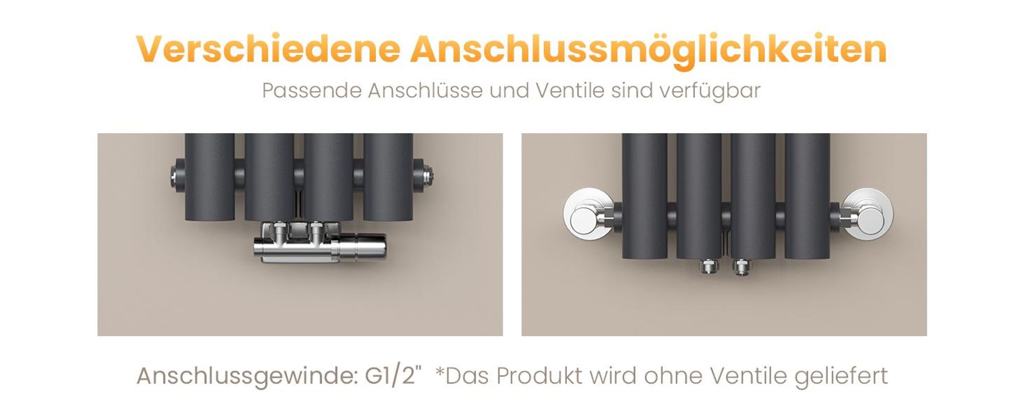 EMKE Design-Röhrenheizkörper für Warmwasserbetrieb Mittelanschluss Vertikal Oval Einlagig 177 Watt 24cm x 60cm Anthrazit ohne Heizstab