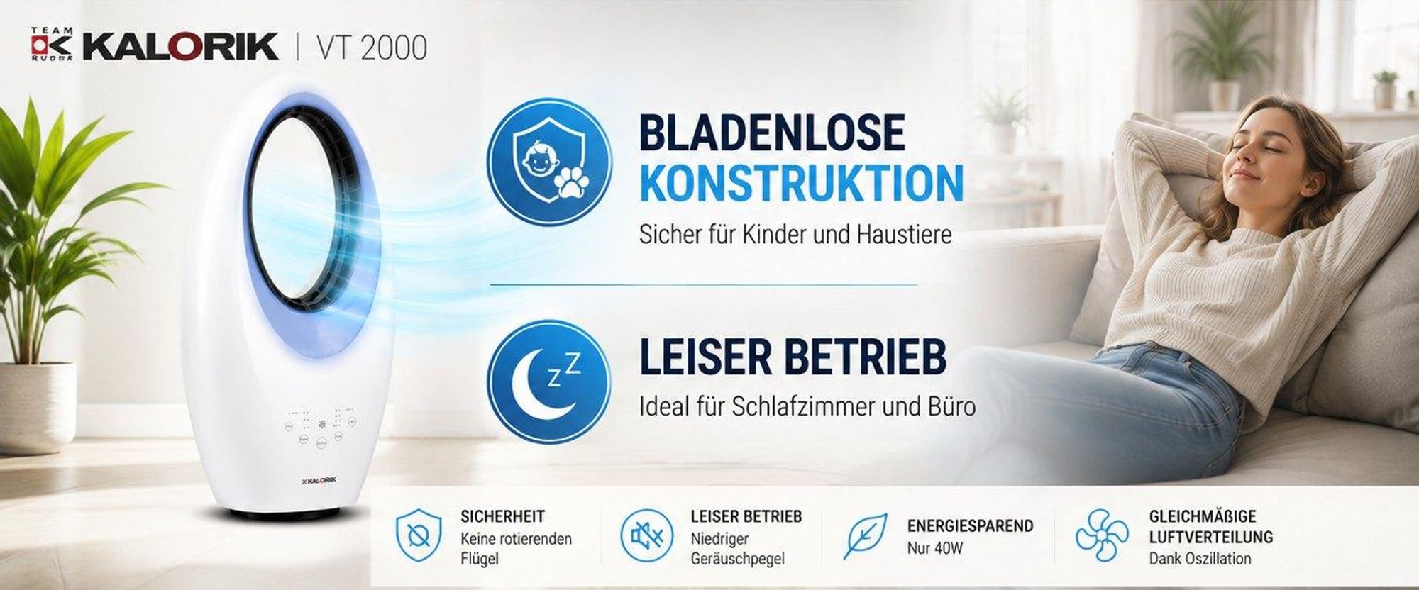 KALORIK TKG VT 2000, Haushaltslüfter ohne Lamellen, Weiß, Tisch, 59 dB, 90°, 4 h