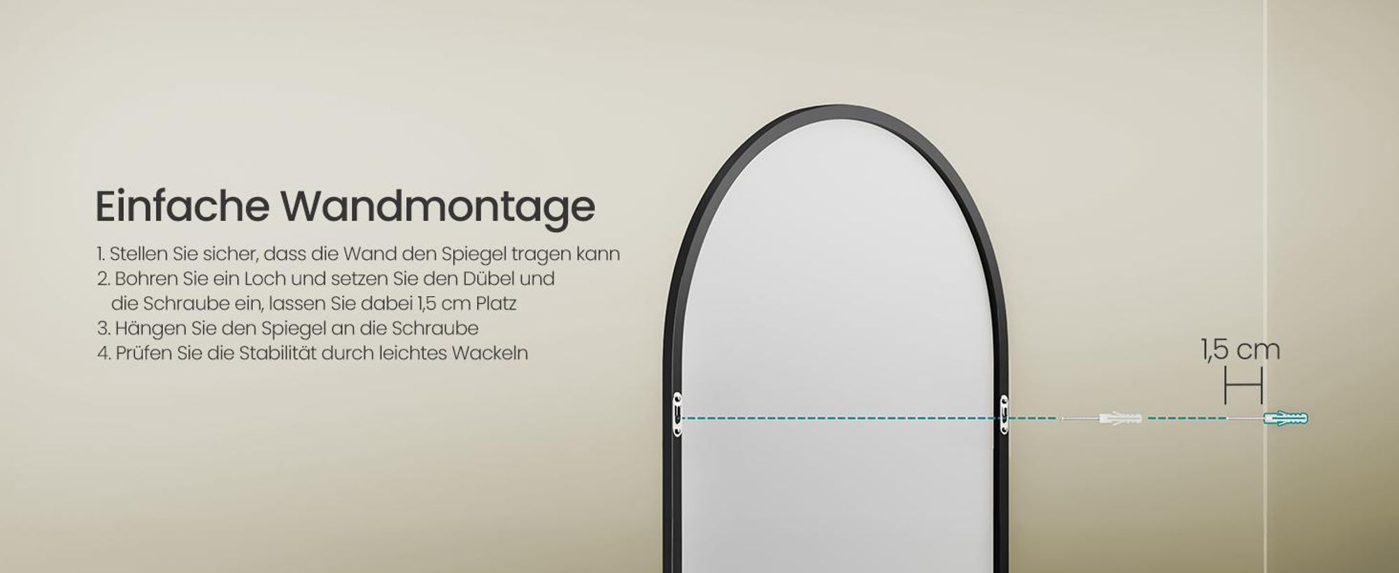 SONGMICS Ganzkörperspiegel mit Vergrößerungsspiegel, Sicherheitsglas, gewölbt, Spiegel gebogen, stehend oder wandmontiert, 165 x 60 cm, schwarz