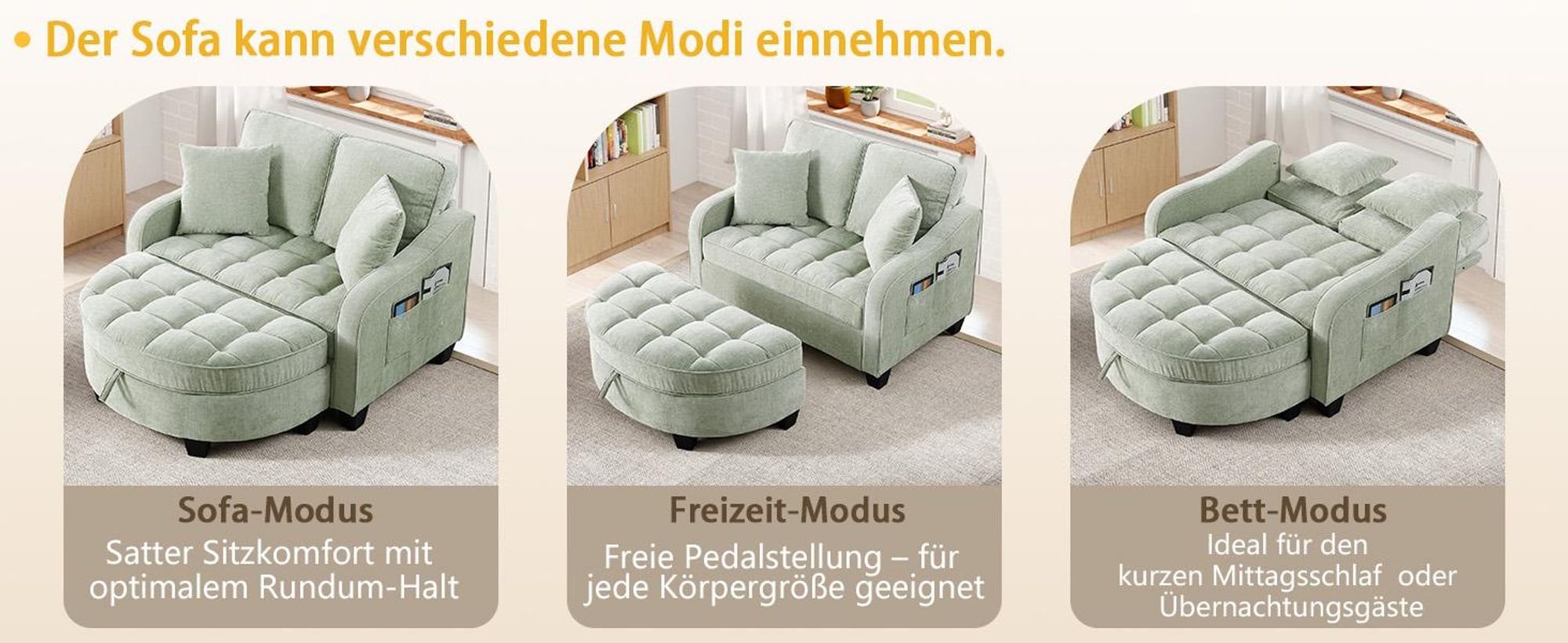 MODFU Multifunktionales Sofa Schlafsofa mit Aufbewahrungs-Hocker,Relaxsofa mit rutschfeste Kunststoffbeine,Cyan