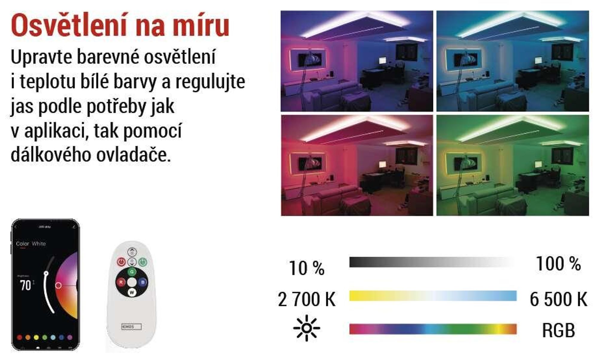 EMOS Smart LED Strip RGB/CCT 5 m, LED pásek s dálkovým ovládáním a aplikací, 16 mil. barev, synchronizace s hudbou, vč. 1,5 m kabelu a adaptéru