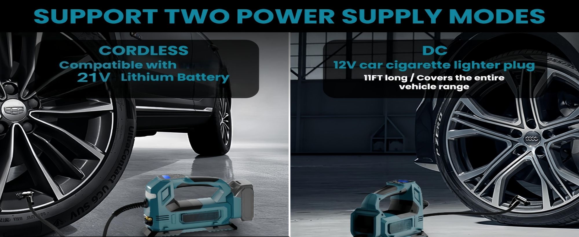 Akku-Kompressor, mit 21V Akku und Ladegerät, Elektrische Luftpumpe mit LED-Leuchte, Digitalem Manometer für Autos, Motorräder, Fahrräder, Bälle