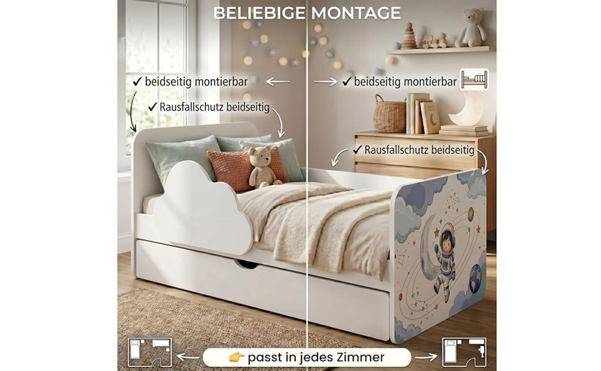 Kinderbett "Wolke" 140x70 cm Weiß | Komplett-Set inkl. Matratze, Schublade & Rausfallschutz | Juniorbett, Bunte Tiere