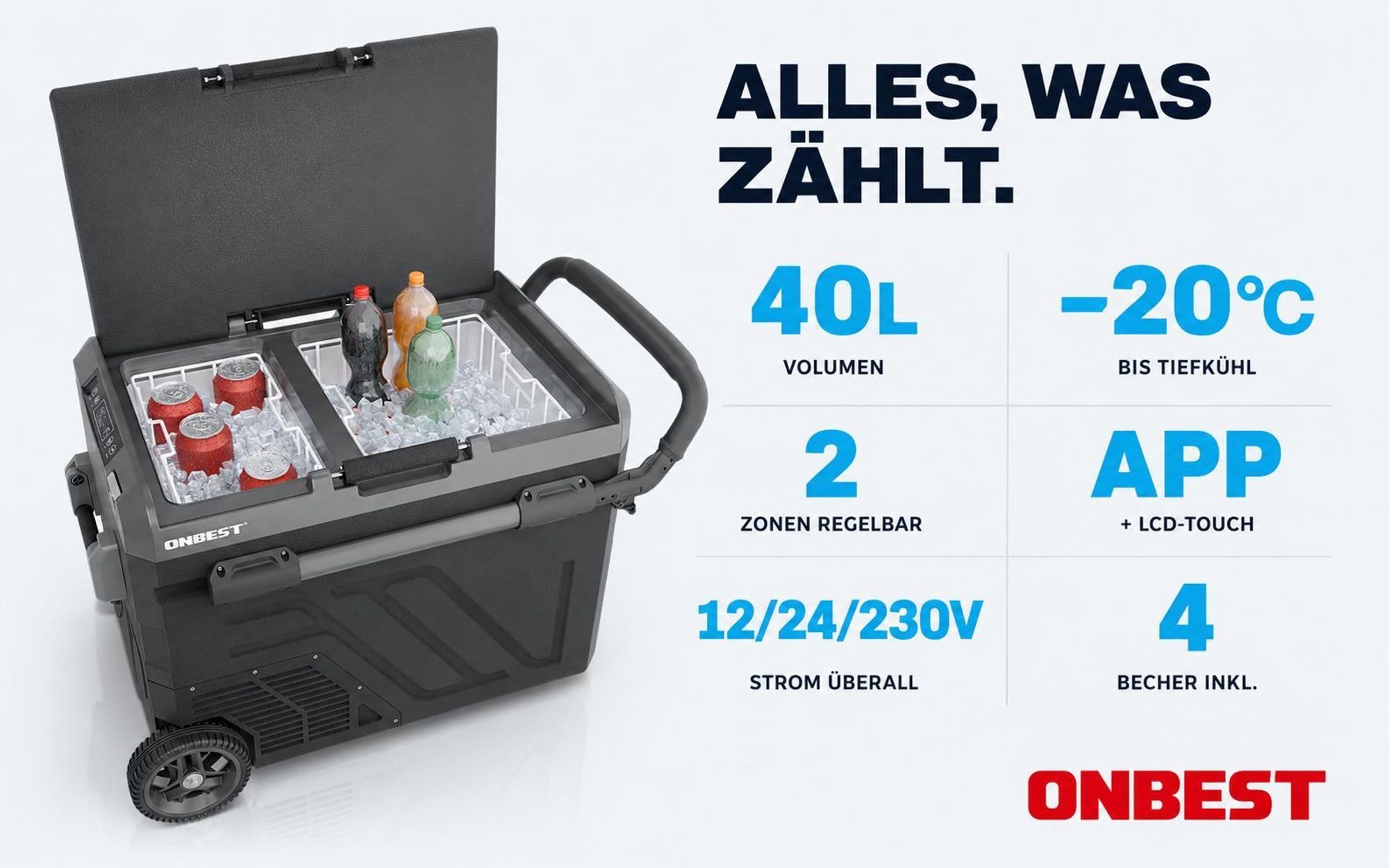 ONBEST Kompressor Kühlbox | 40L | 12V | 230V | mit App-Steuerung | Touchdisplay | Rollen | USB-Anschlüsse | LED | 4 x Trinkbecher