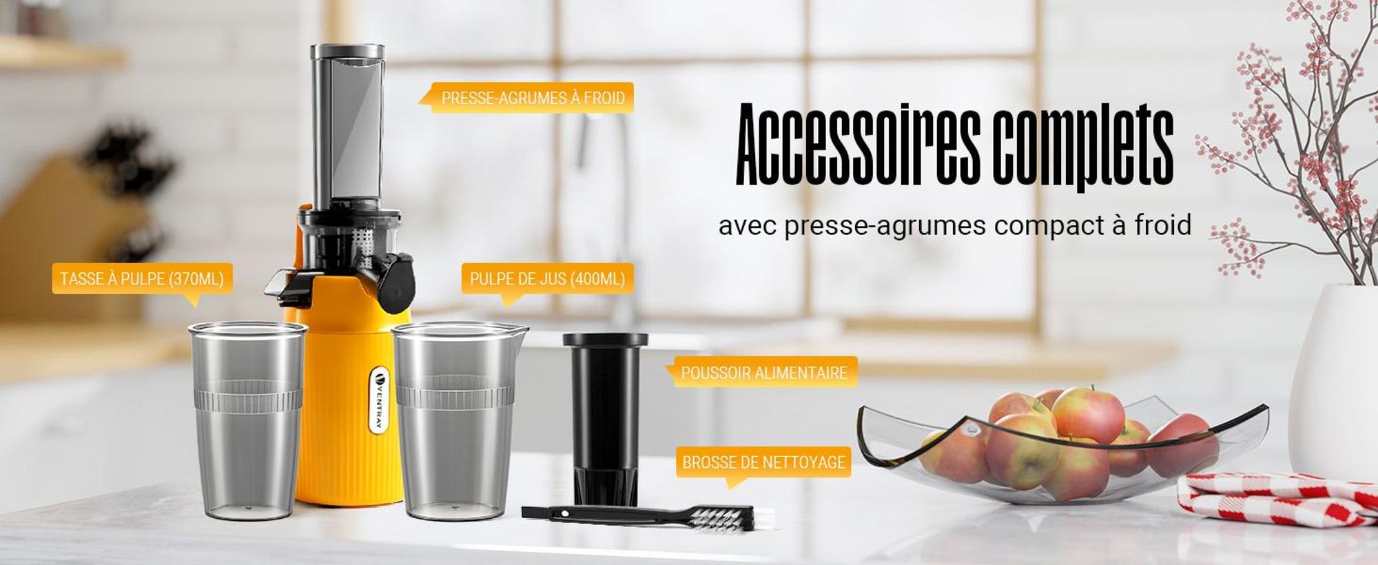 Ventray Essential Ginnie - Centrifugeuse à pression à froid, Slow Juicer Compact & Silencieux (60 tr/min, ouverture de remplissage de 45mm), sans BPA, 400ml, Nettoyage facile