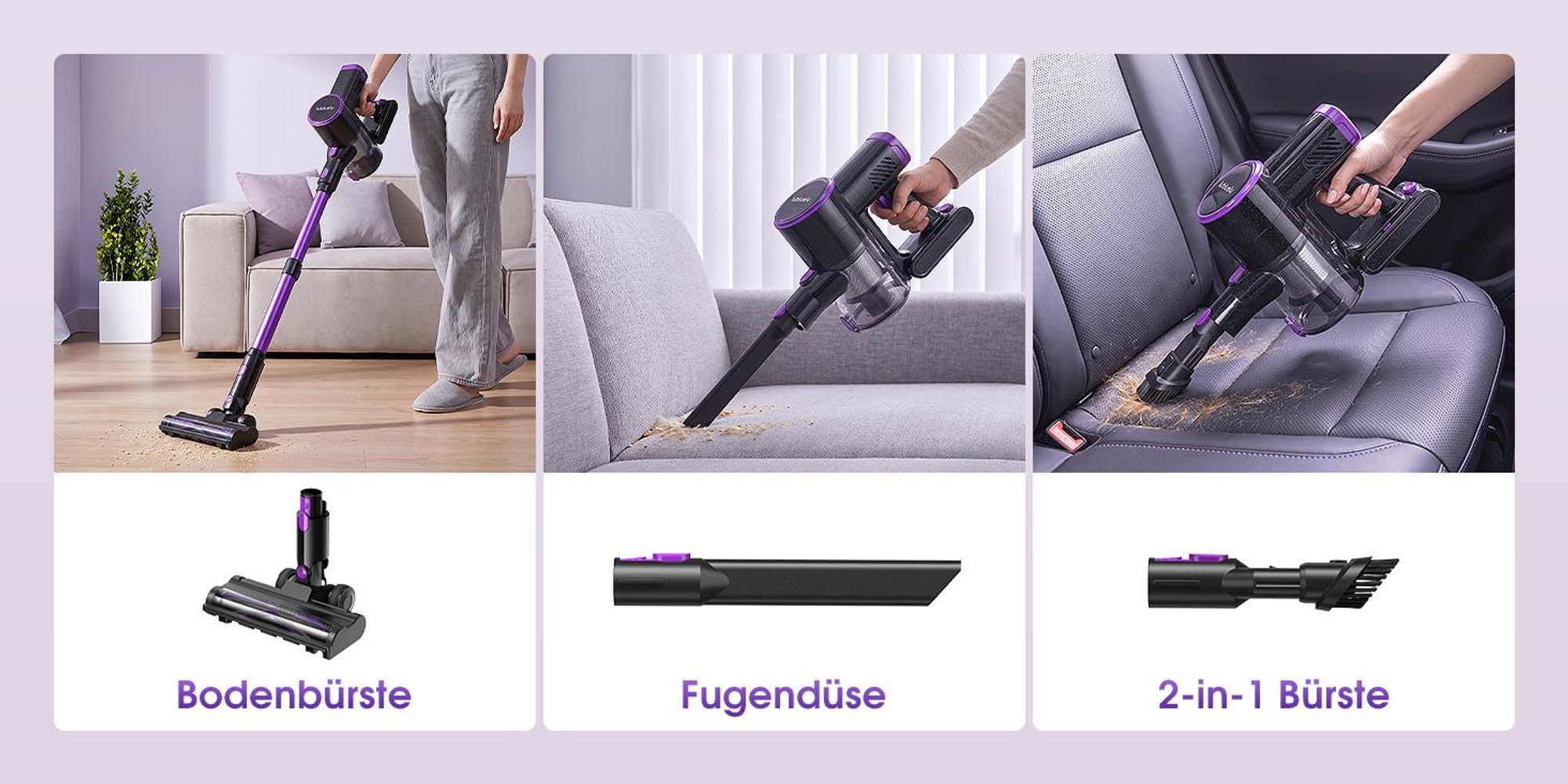 Lubluelu Akku-Staubsauger P4, 45000Pa Kabelloser Staubsauger mit Anti-Haar-Verwicklungsbürste & Grüner Beleuchtung, Für Tierhaare, Teppiche und Hartbö