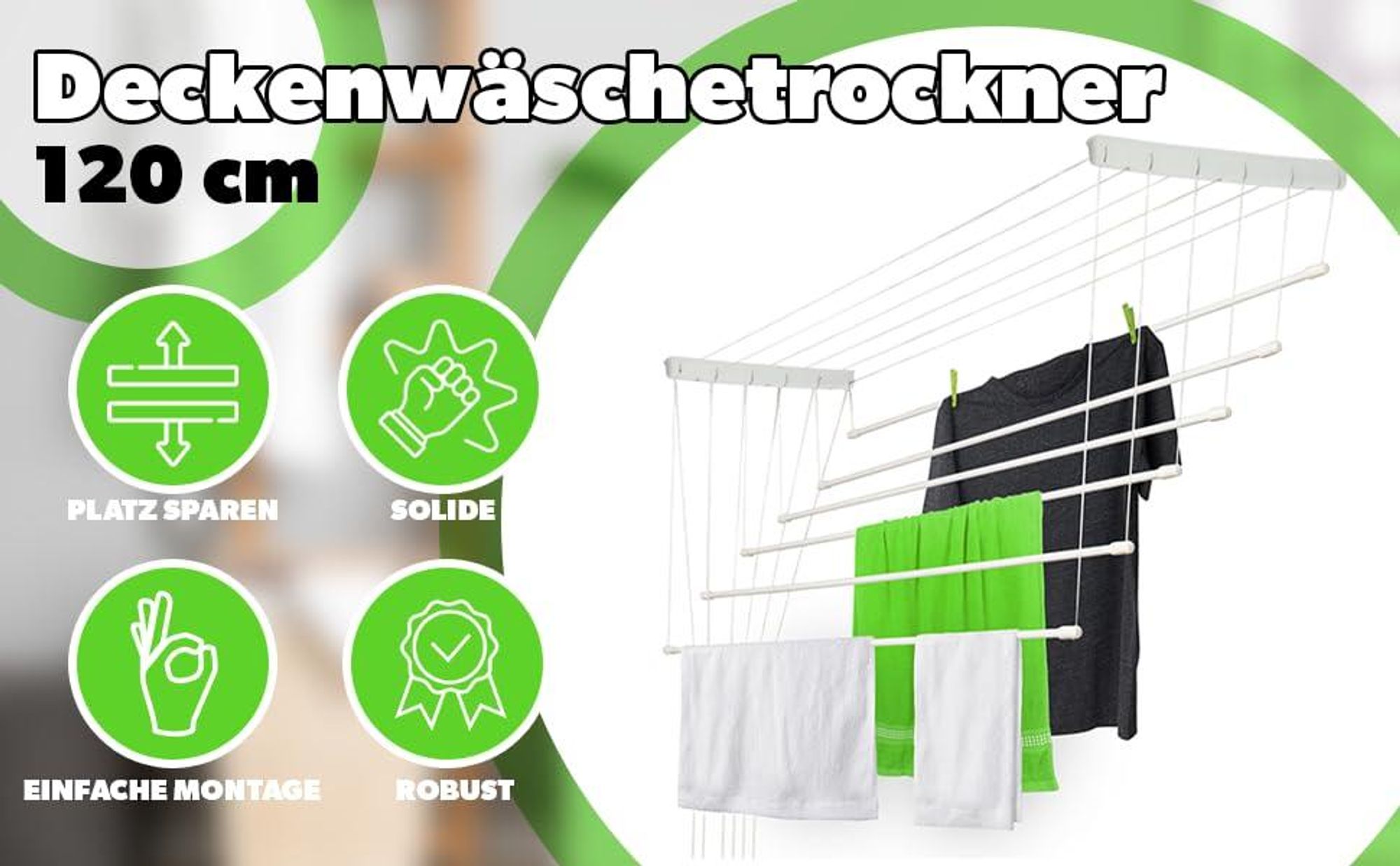 KADAX Deckenwäschetrockner "Torp", Deckentrockner Traglast 12kg, 6 Stäbe, 120 cm, weiß