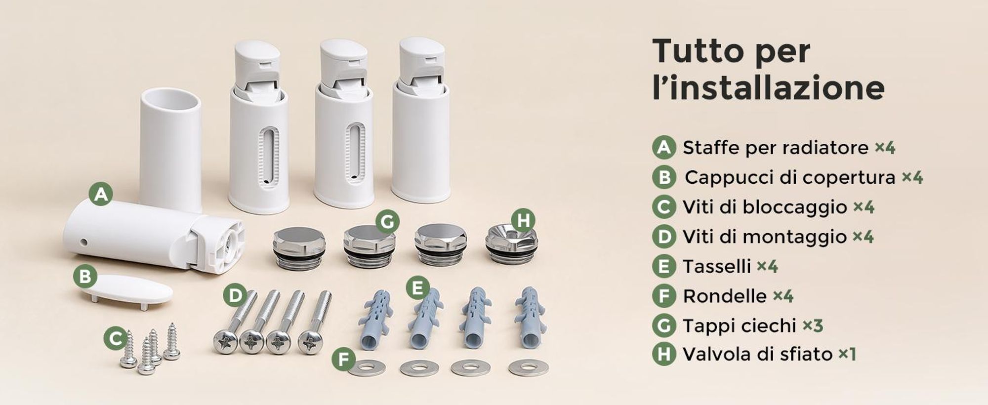 Supporti per scaldasalviette, set da 4, bianchi, per tubi tondi dritti Ø22–25 mm, Interasse 40–45 mm, regolazione 20 mm, portata totale fino, 1 pezzo