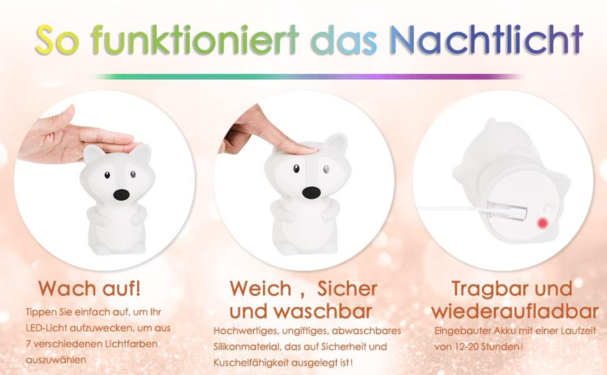 9 Monochrom 18h Working Eye-caring Mit Timer Nachtlicht Kinder Fuchs Mit Fernbedienung 700mAh Dimmba Silikon Nachtlampe Mit Touch